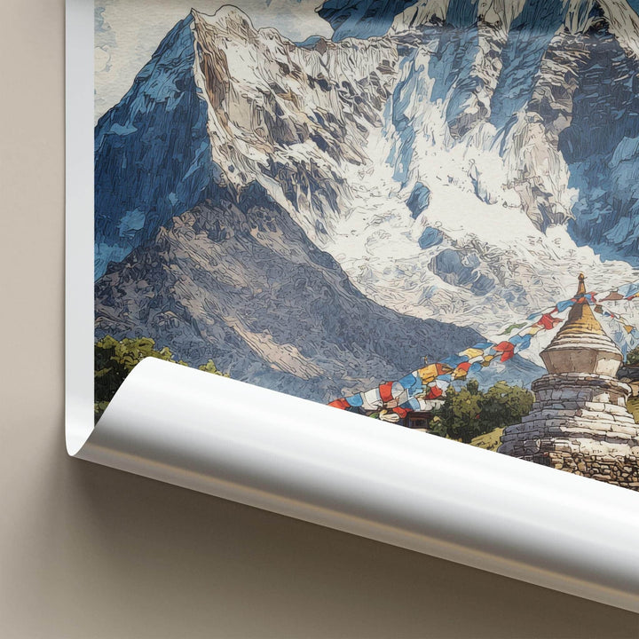 Mount Everest Poster - Nepal Travel Art - Stupa Prayer Flags Home Decor