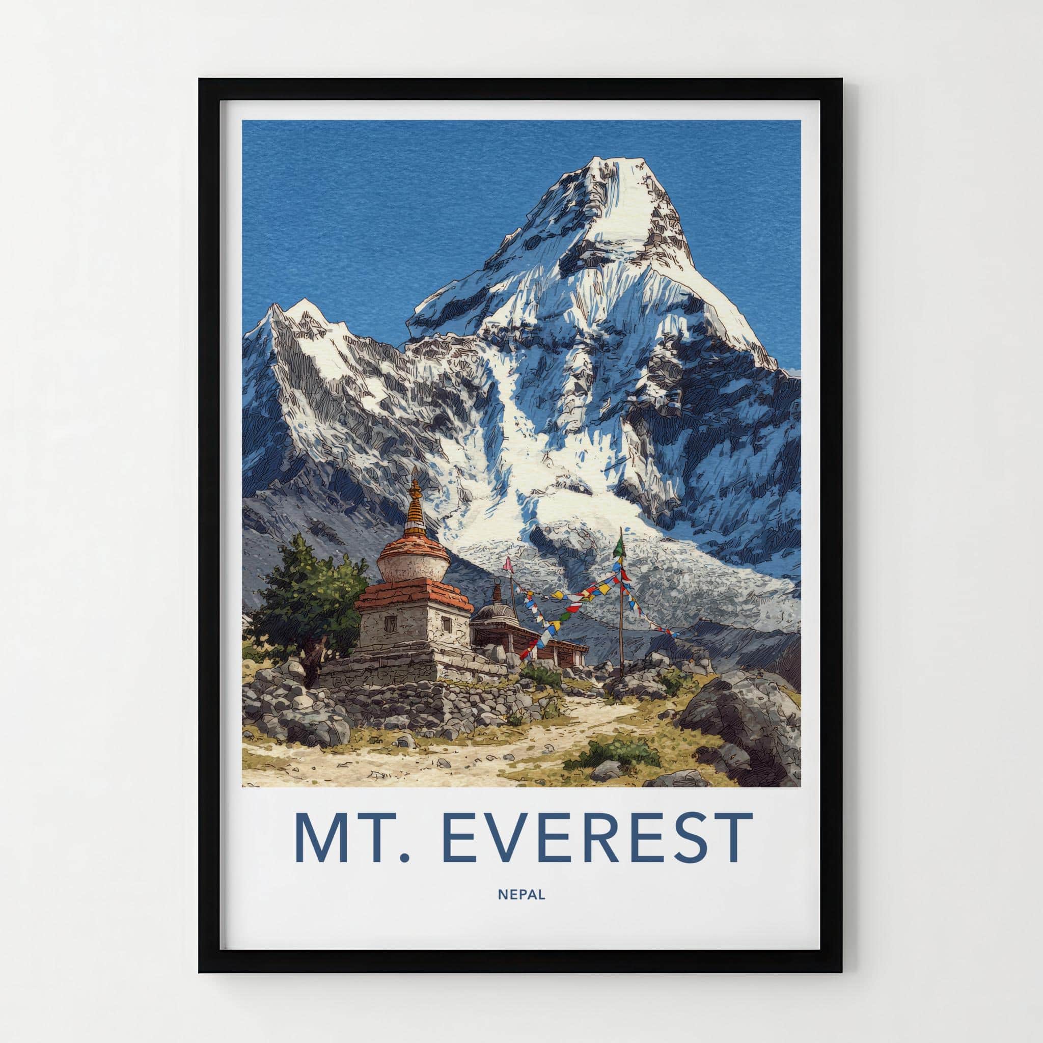 Mount Everest Poster - Nepal Travel Art - Stupa Prayer Flags Wall Decor