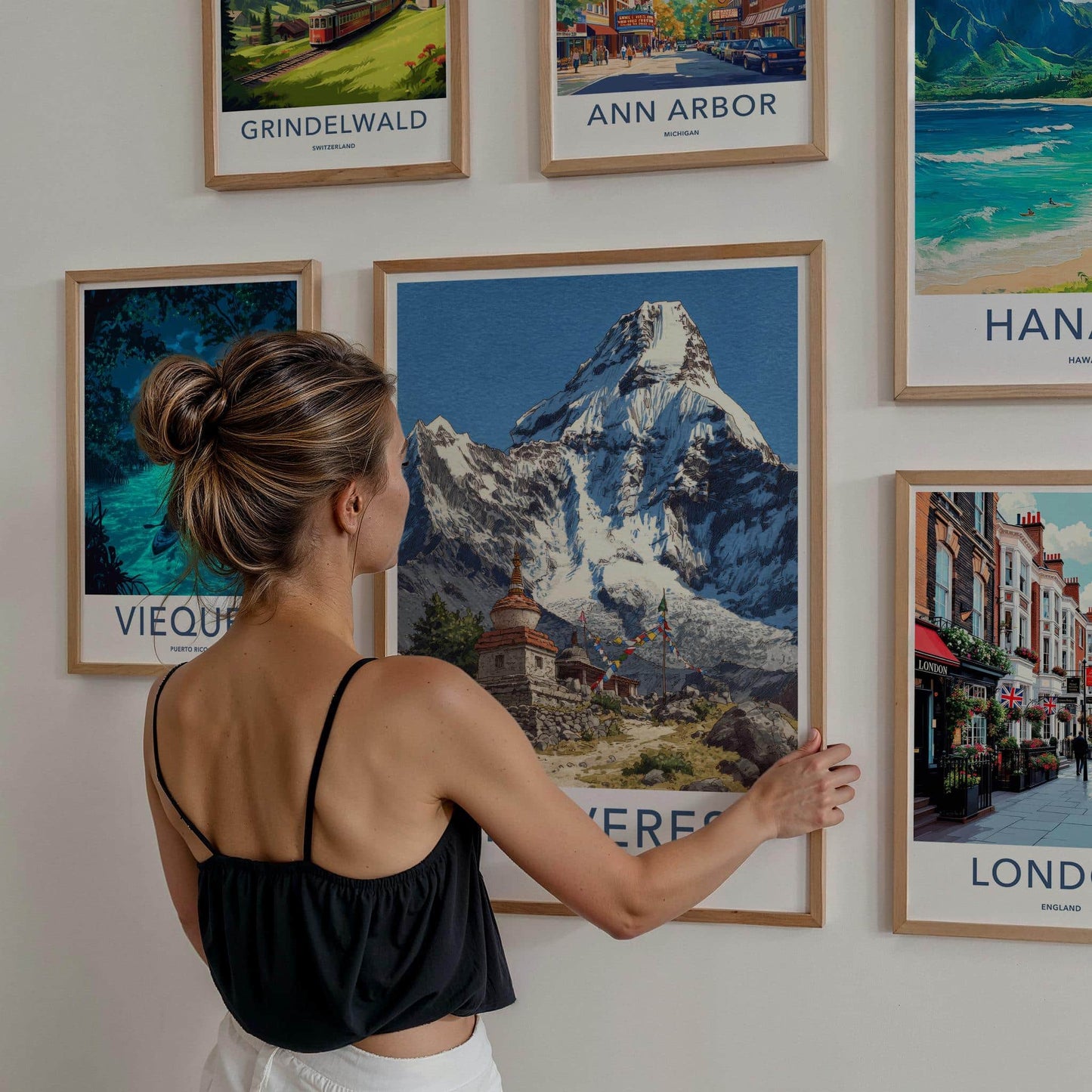 Mount Everest Poster - Nepal Travel Art - Stupa Prayer Flags Wall Decor