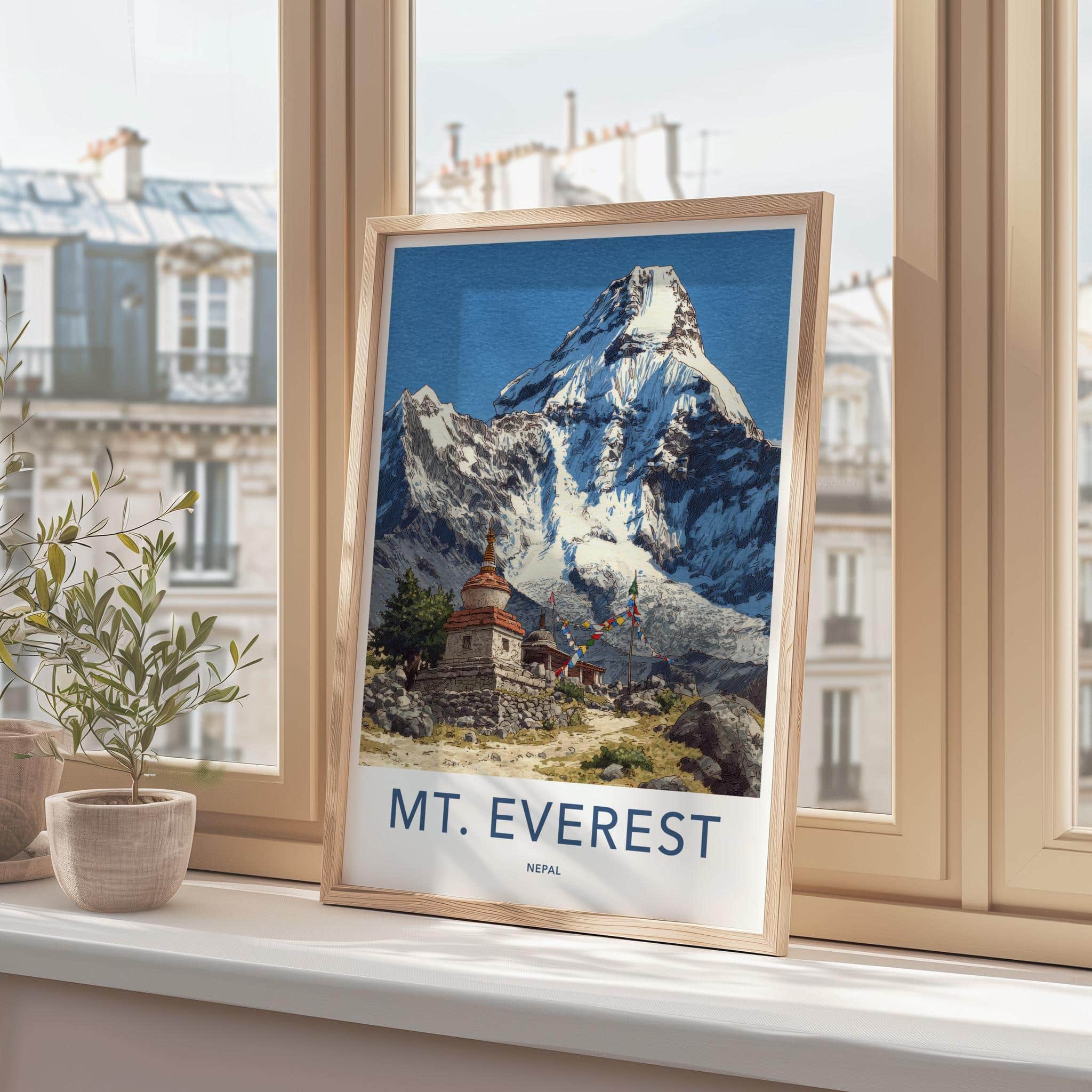 Mount Everest Poster - Nepal Travel Art - Stupa Prayer Flags Wall Decor