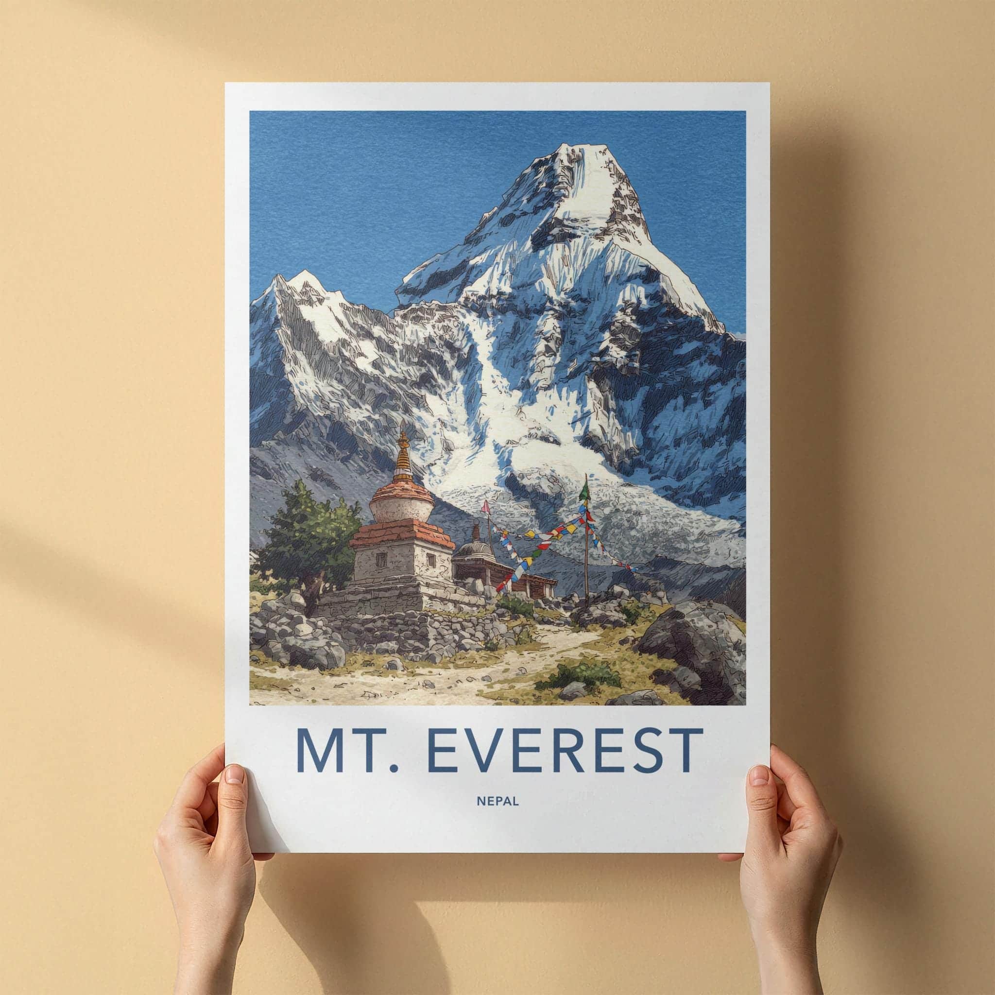 Mount Everest Poster - Nepal Travel Art - Stupa Prayer Flags Wall Decor