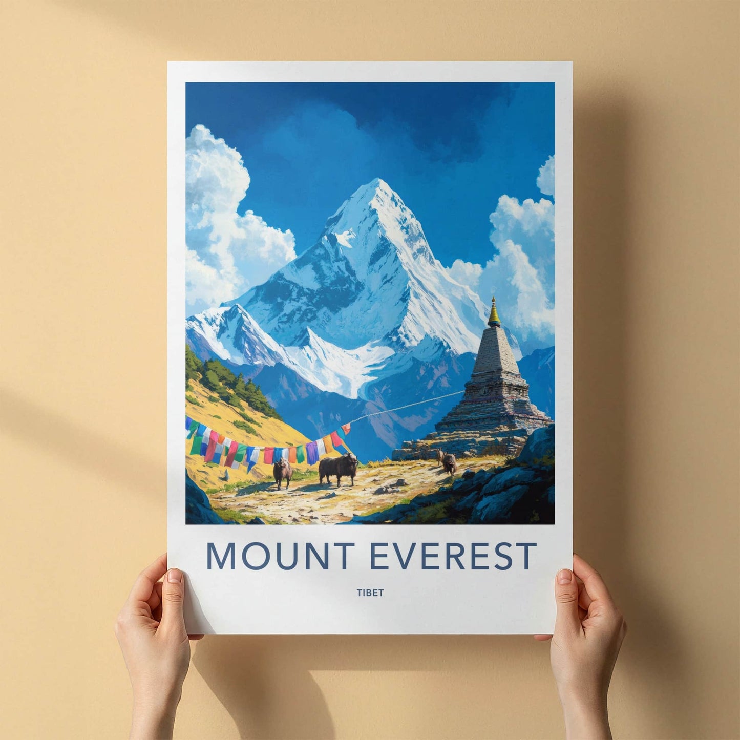 Mount Everest Poster - Tibet Art Print - Snowy Peak Stupa Wall Decor