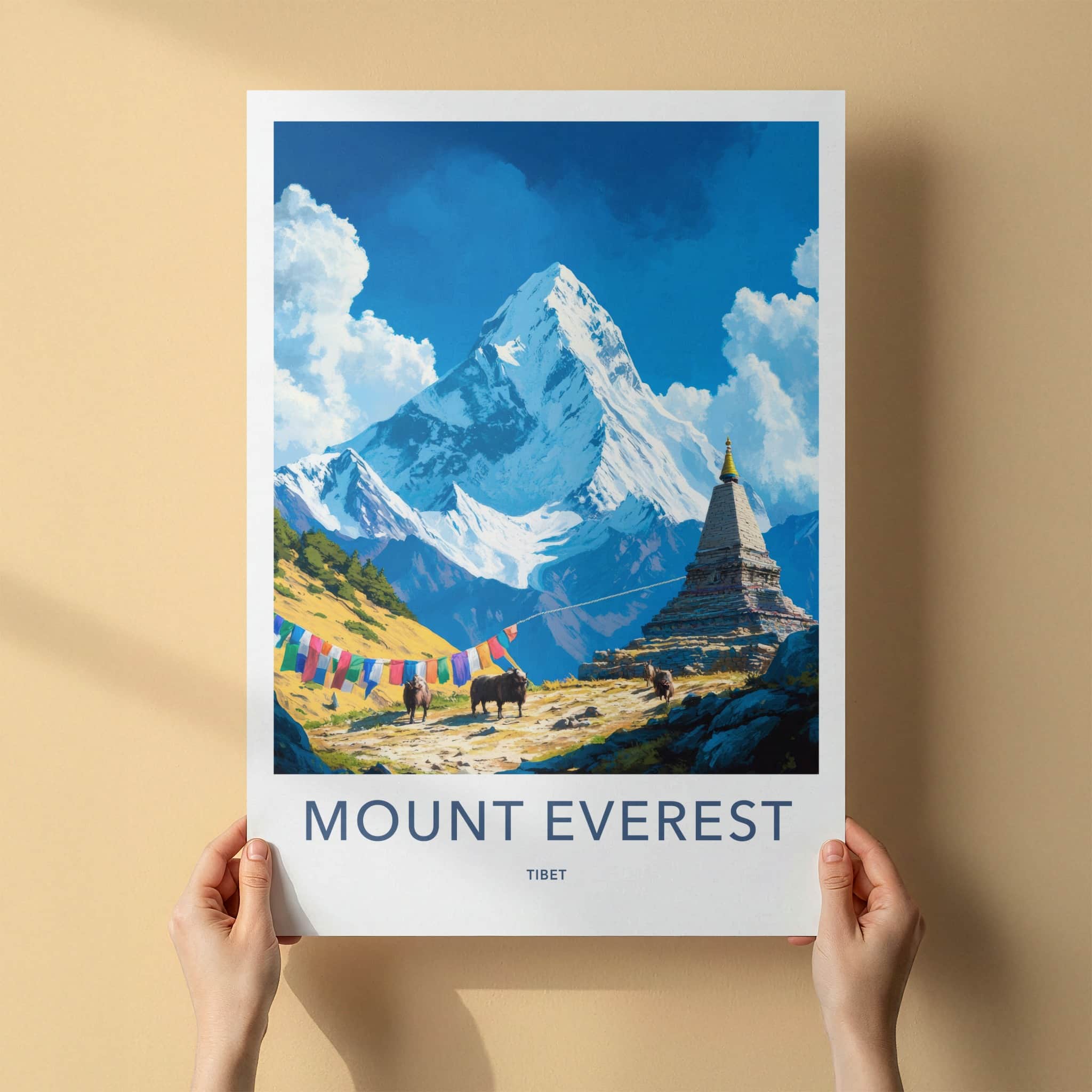 Mount Everest Poster - Tibet Art Print - Snowy Peak Stupa Wall Decor