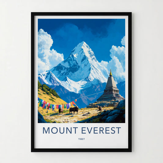 Mount Everest Poster - Tibet Art Print - Snowy Peak Stupa Wall Decor