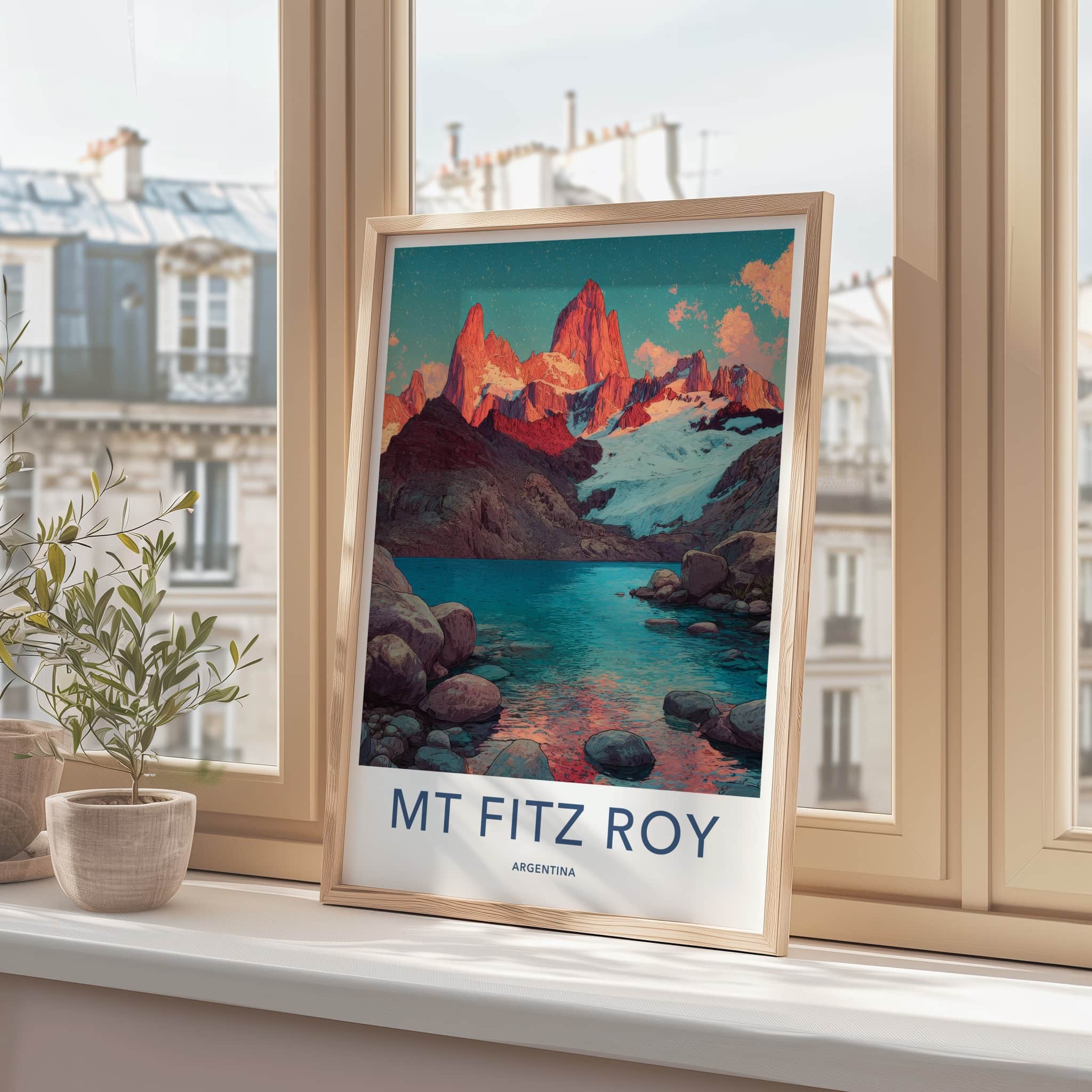 Mount Fitz Roy Poster - Argentina Travel Art - Snowy Mountain Lake Framed Decor