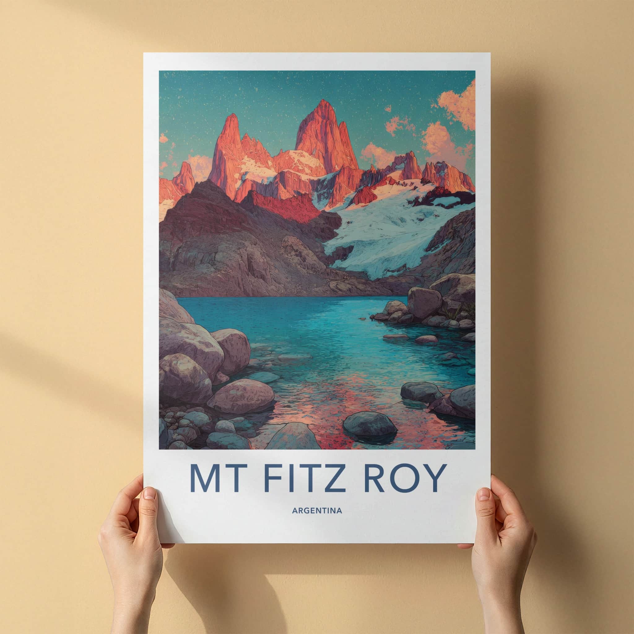Mount Fitz Roy Poster - Argentina Travel Art - Snowy Mountain Lake Framed Decor