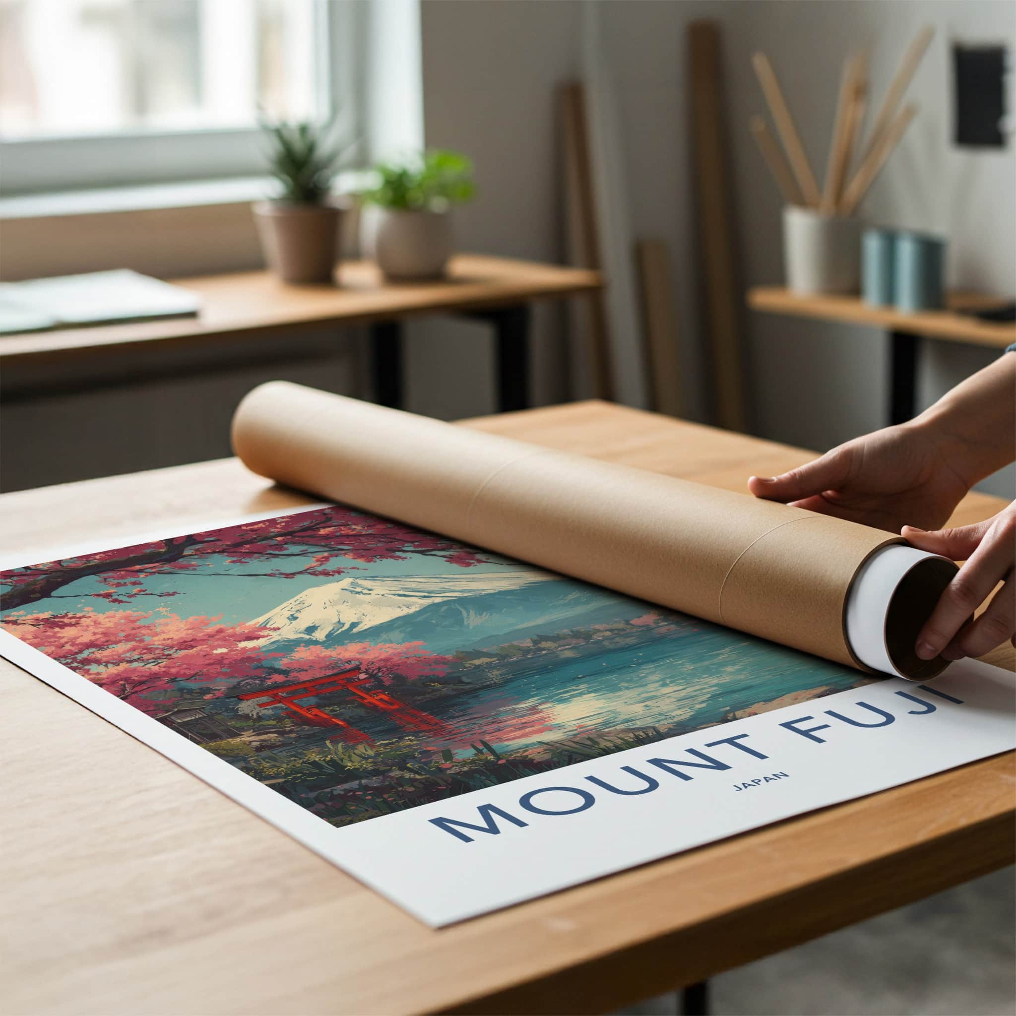 Mount Fuji Poster - Japan Travel Art - Cherry Blossom Torii Home Decor