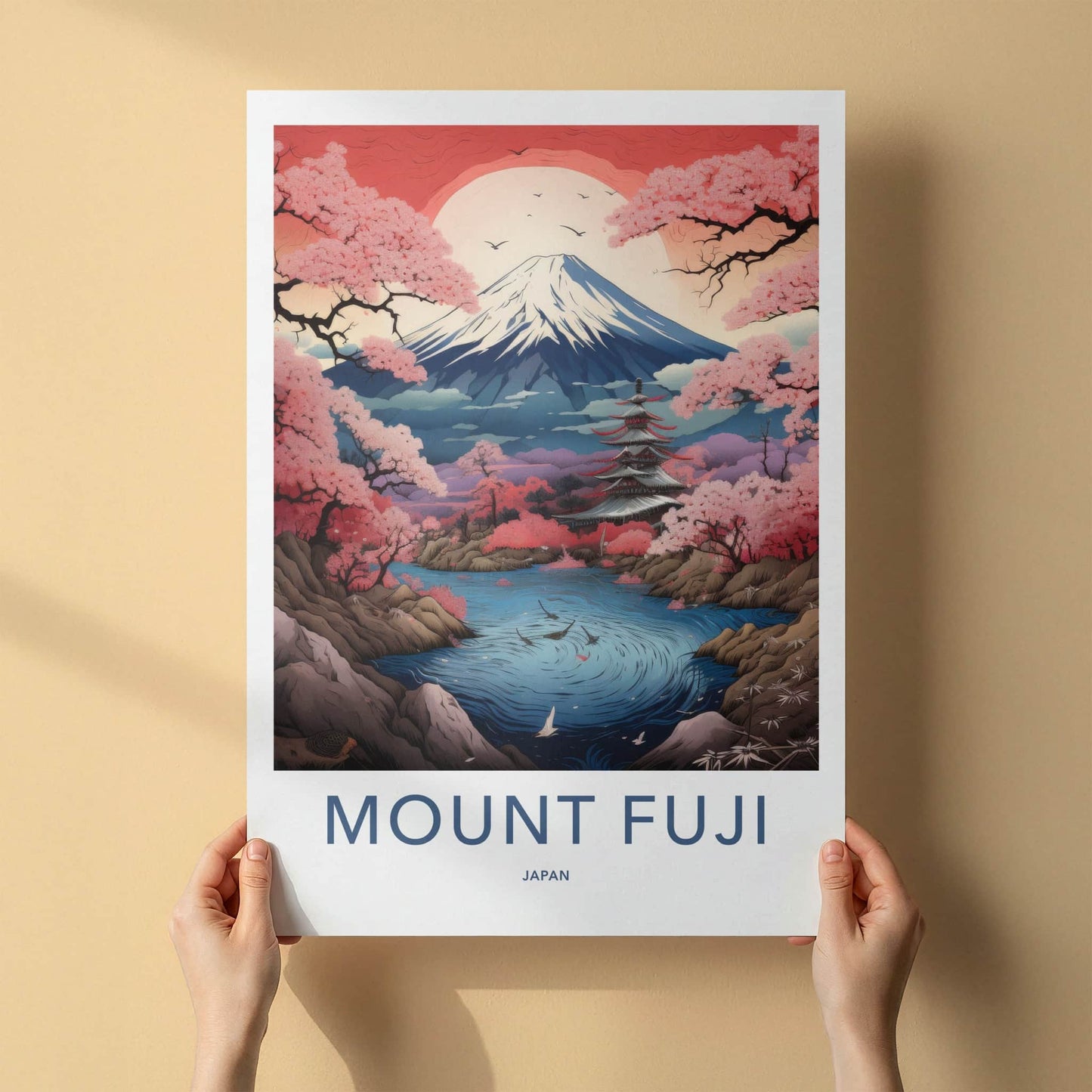 Mount Fuji Poster - Japan Travel Art - Pink Cherry Pagoda Home Decor