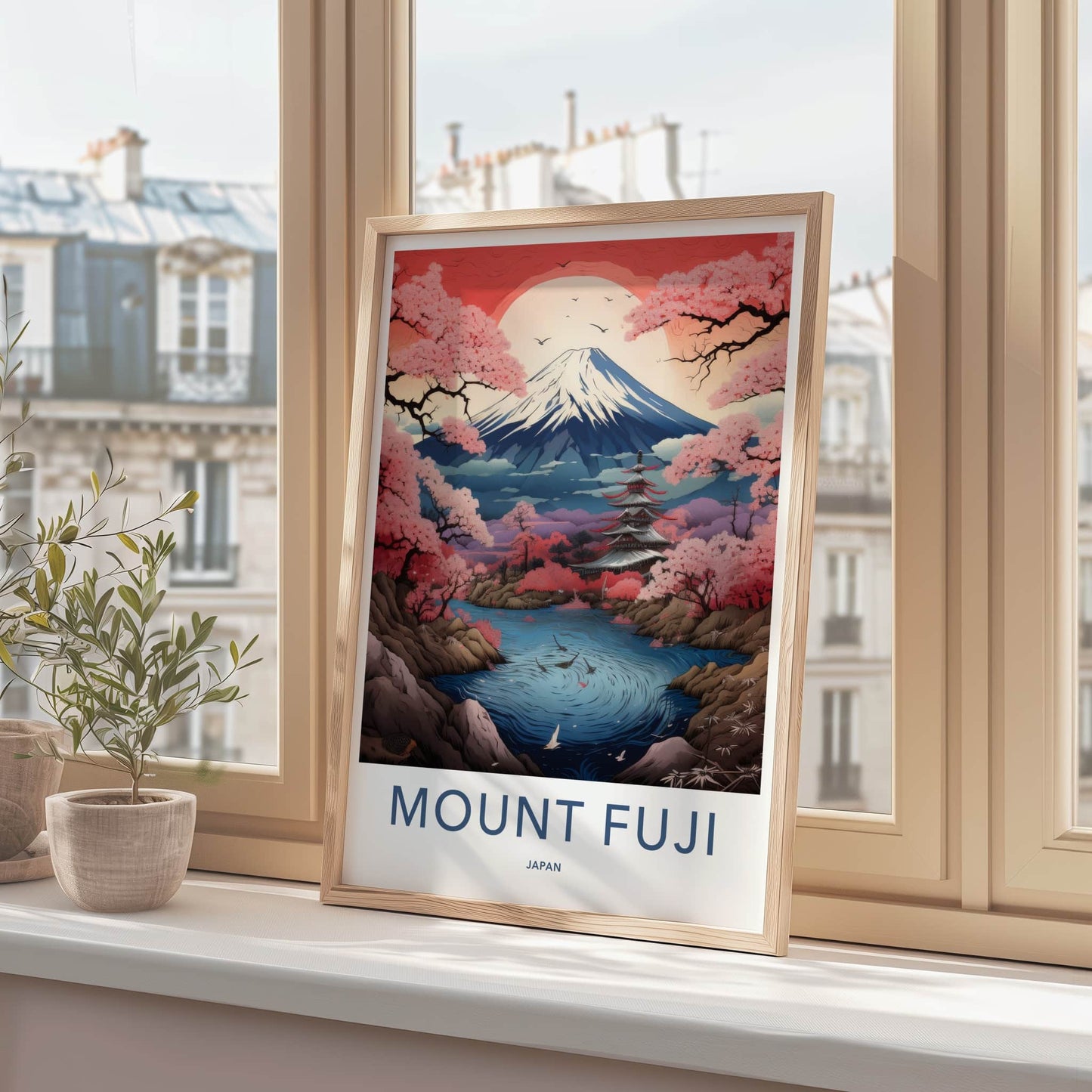 Mount Fuji Poster - Japan Travel Art - Pink Cherry Pagoda Home Decor