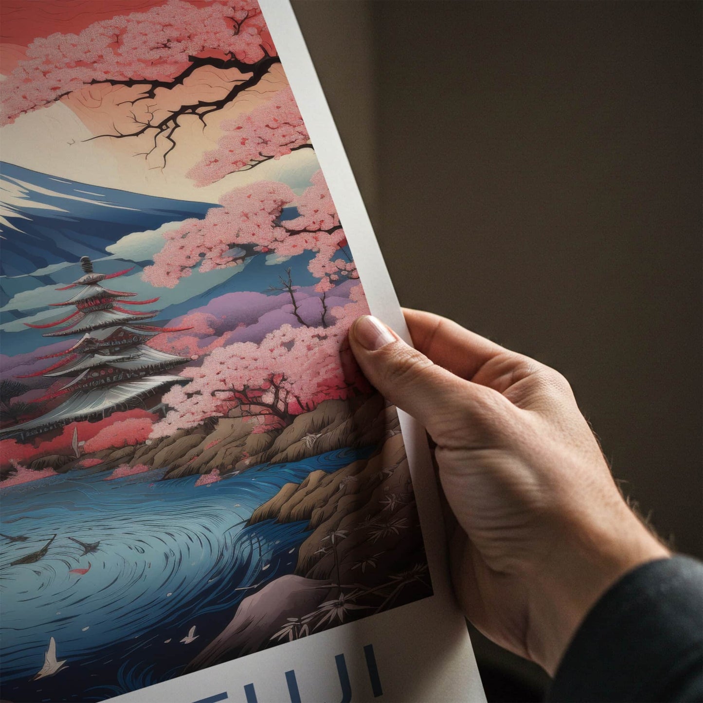Mount Fuji Poster - Japan Travel Art - Pink Cherry Pagoda Home Decor