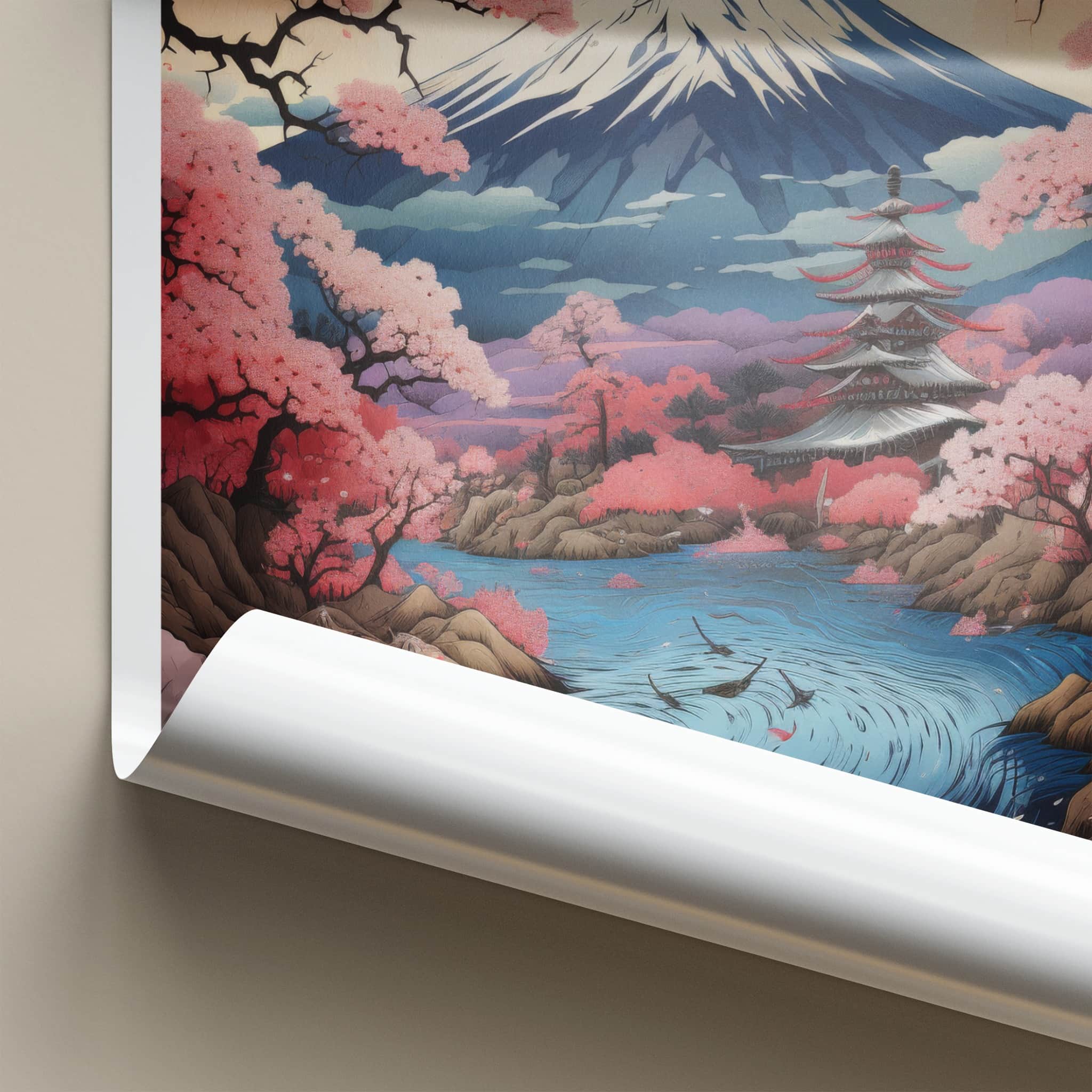 Mount Fuji Poster - Japan Travel Art - Pink Cherry Pagoda Home Decor