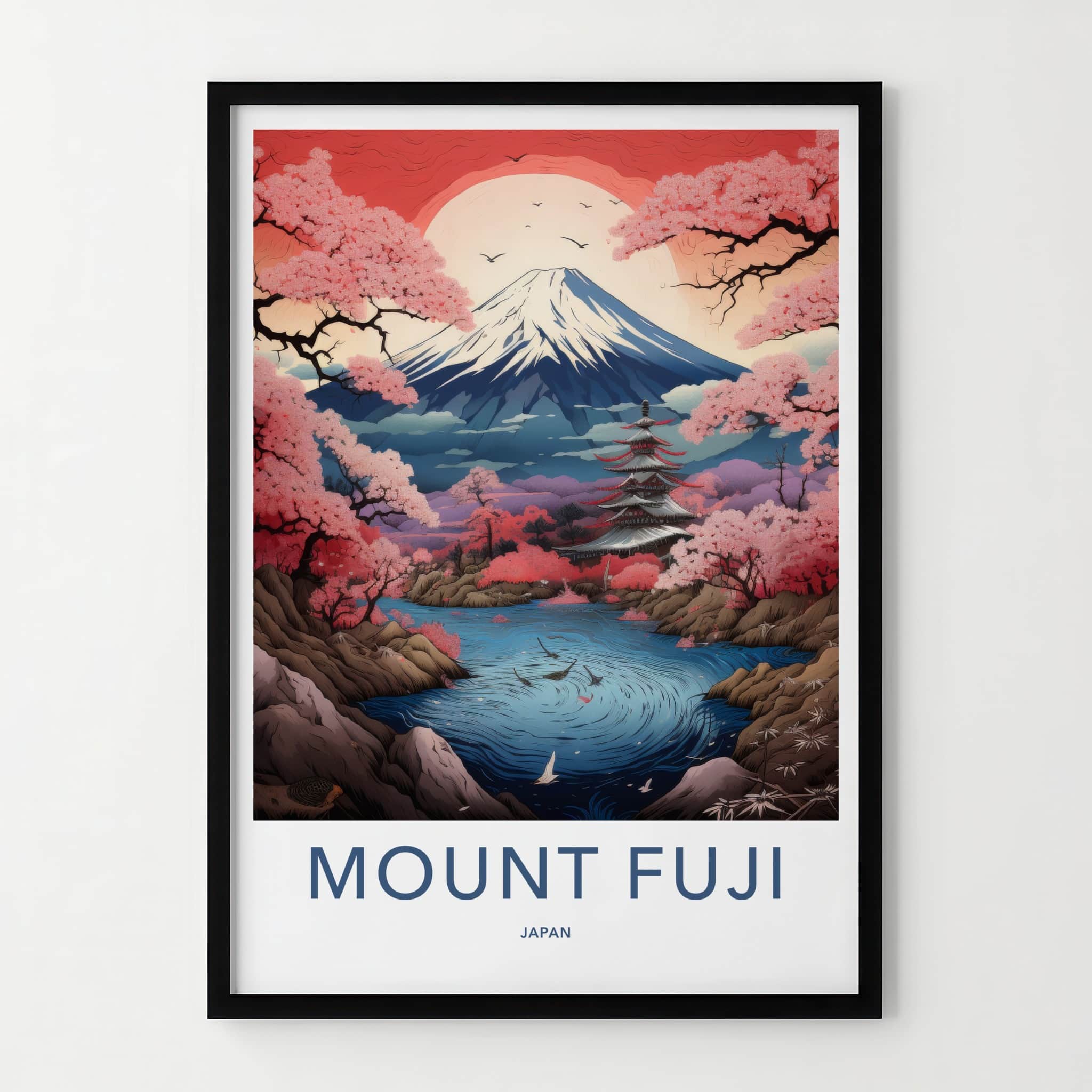 Mount Fuji Poster - Japan Travel Art - Pink Cherry Pagoda Home Decor