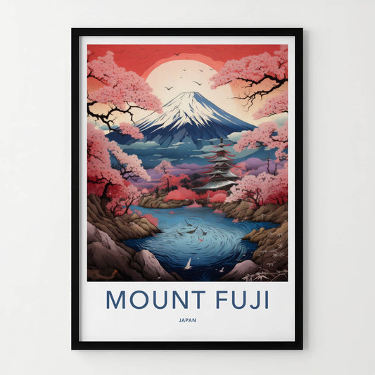 Mount Fuji Poster - Japan Travel Art - Pink Cherry Pagoda Home Decor