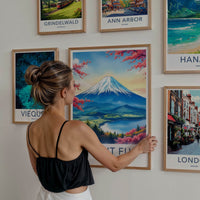 Mount Fuji Poster - Japan Travel Art - Pink Flower Mountain Wall Decor