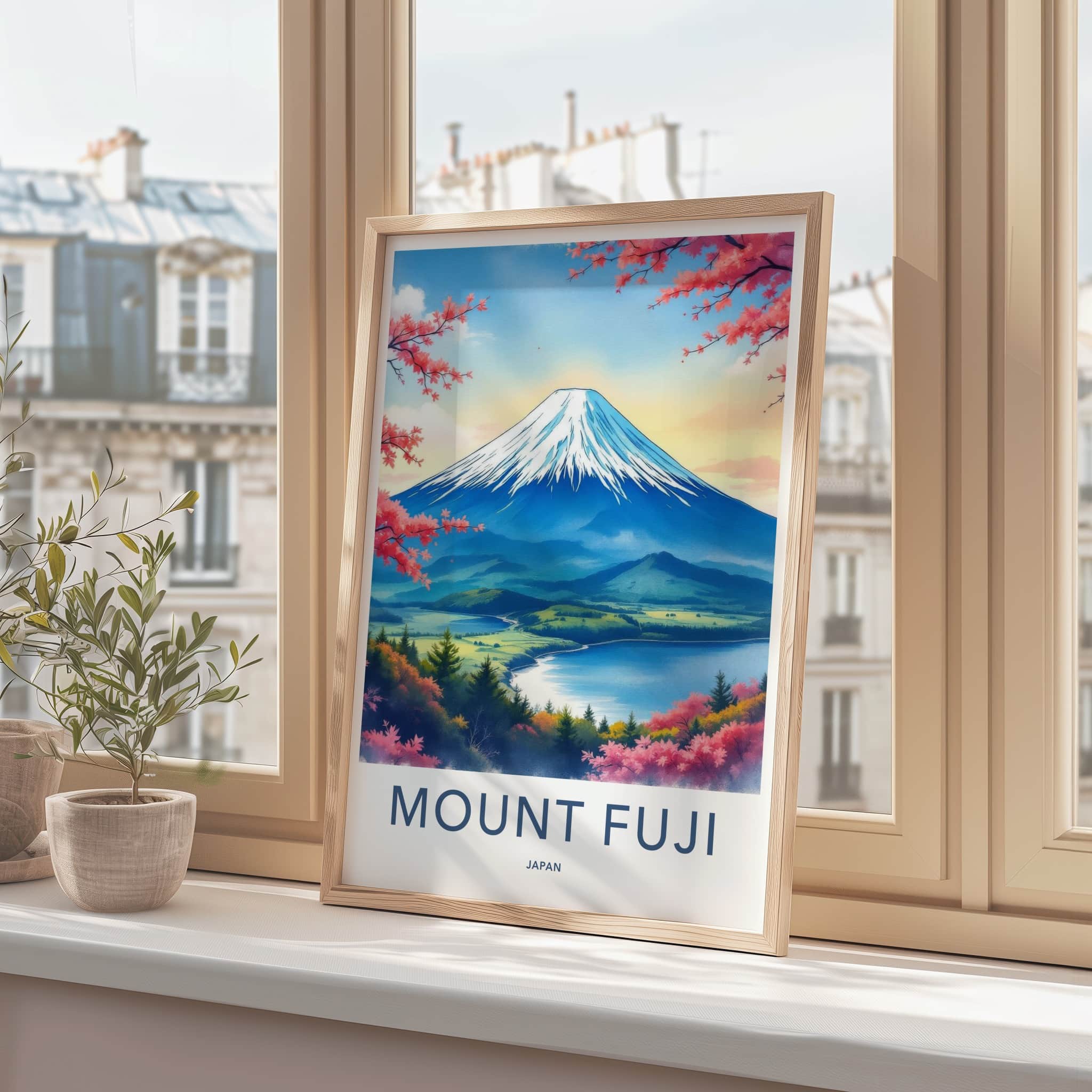 Mount Fuji Poster - Japan Travel Art - Pink Flower Mountain Wall Decor