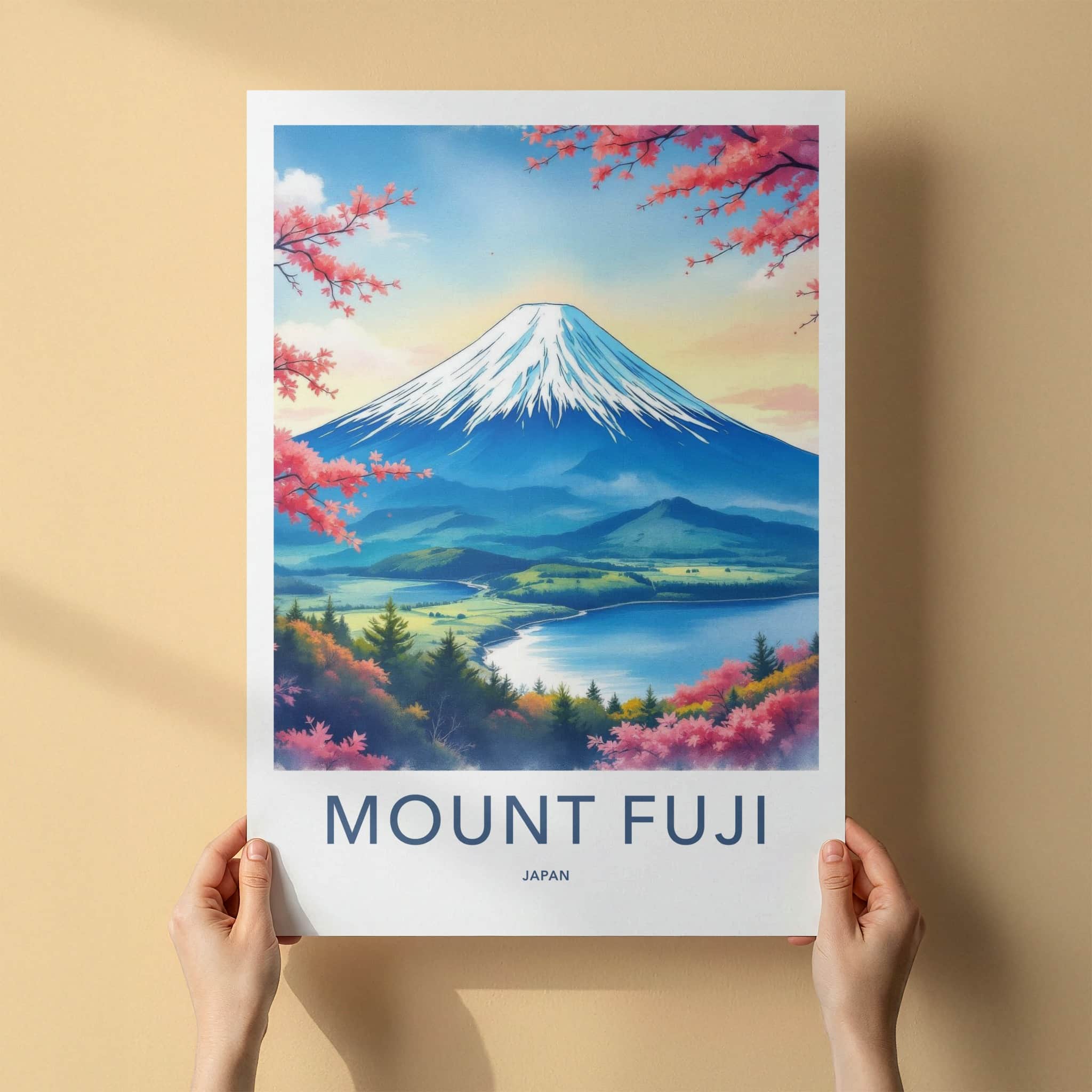 Mount Fuji Poster - Japan Travel Art - Pink Flower Mountain Wall Decor