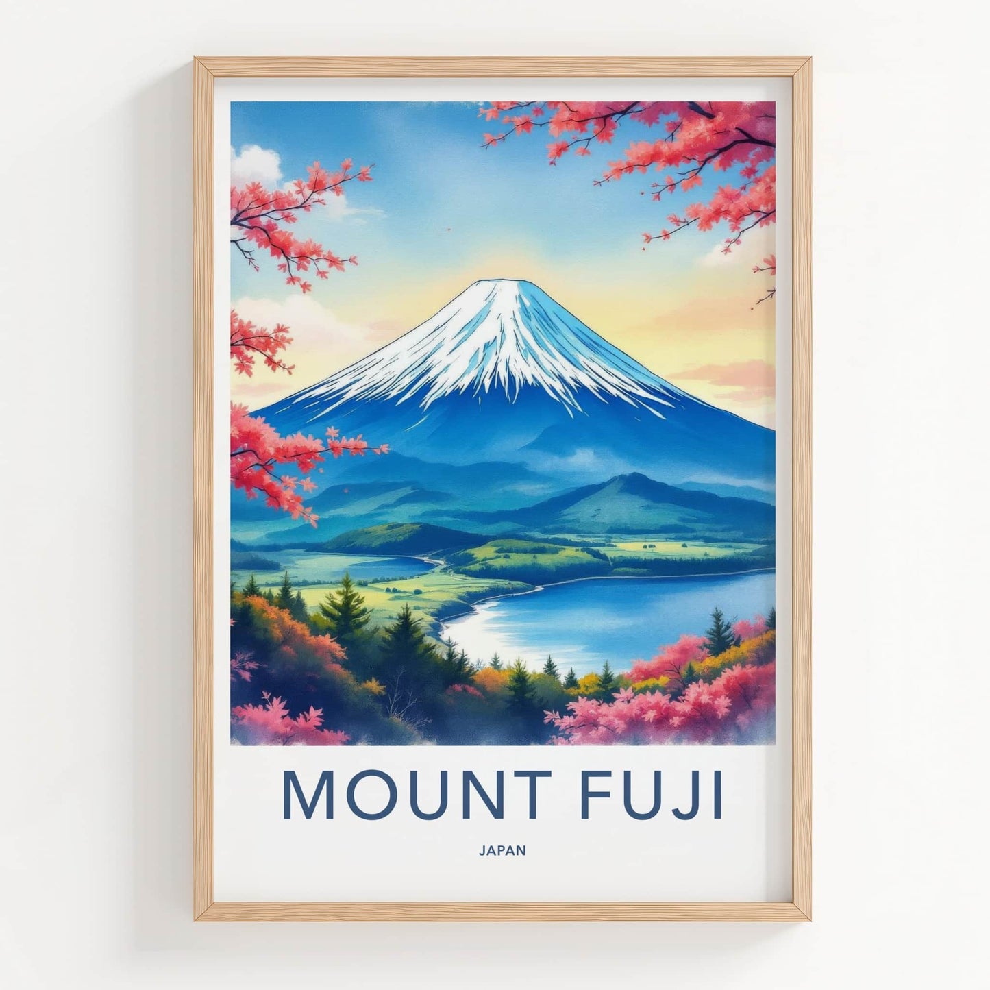 Mount Fuji Poster - Japan Travel Art - Pink Flower Mountain Wall Decor