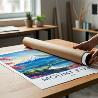 Mount Fuji Poster - Japan Travel Art - Pink Flower Mountain Wall Decor