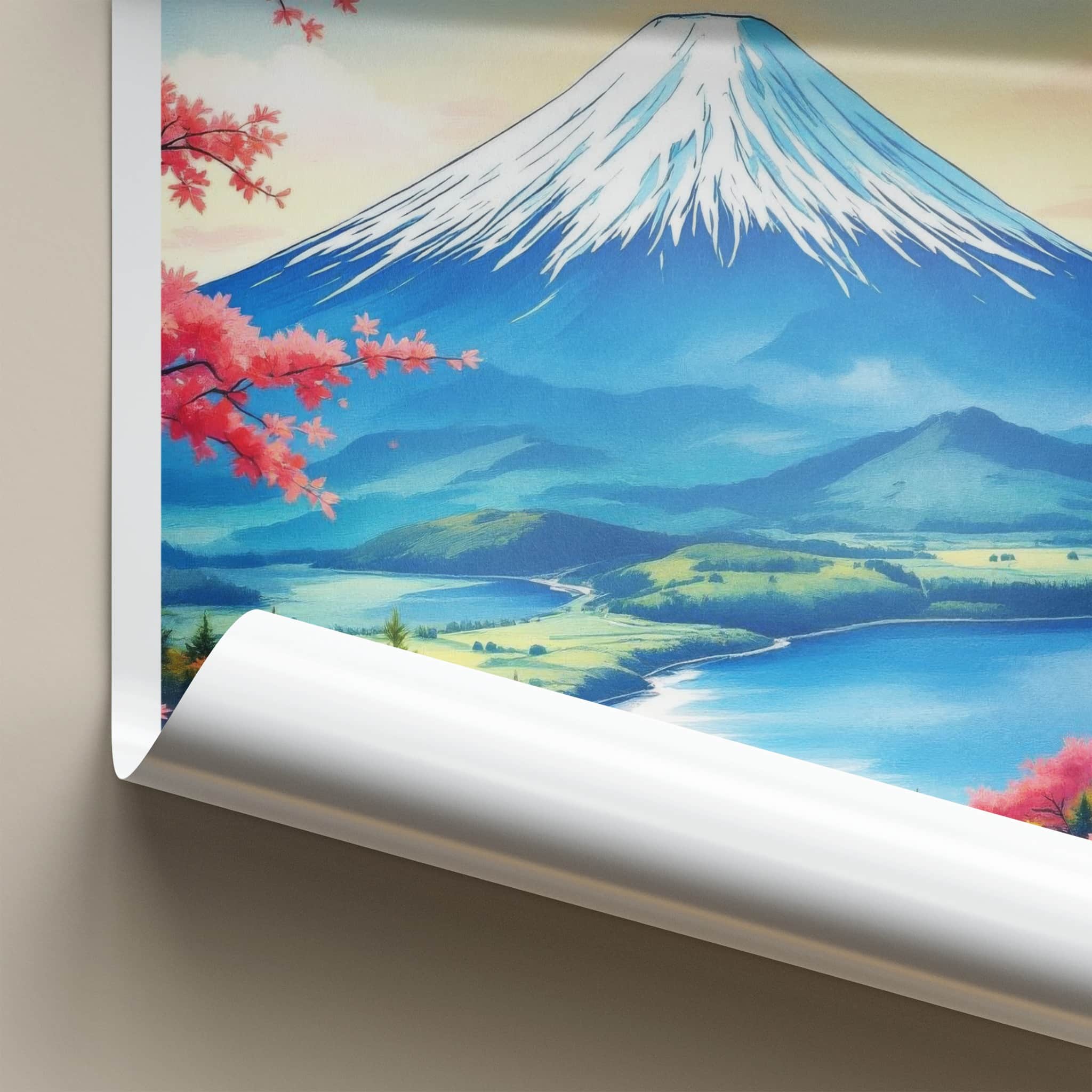 Mount Fuji Poster - Japan Travel Art - Pink Flower Mountain Wall Decor