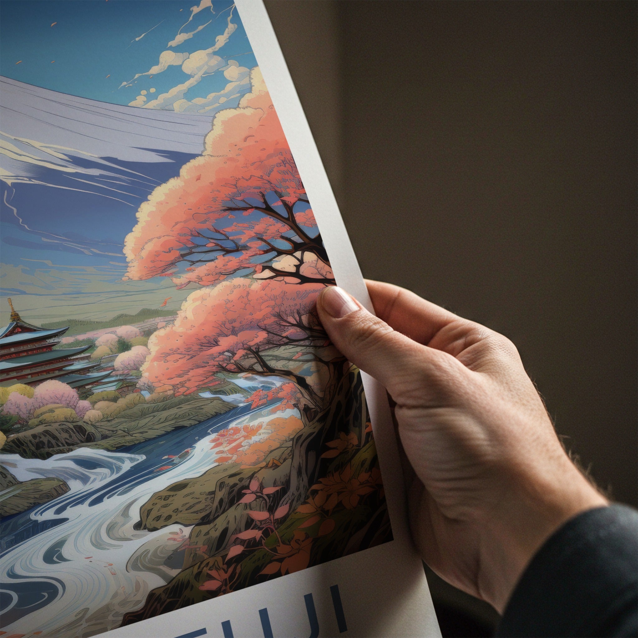 Mount Fuji Poster - Japan Travel Art - Temple River View Wall Decor