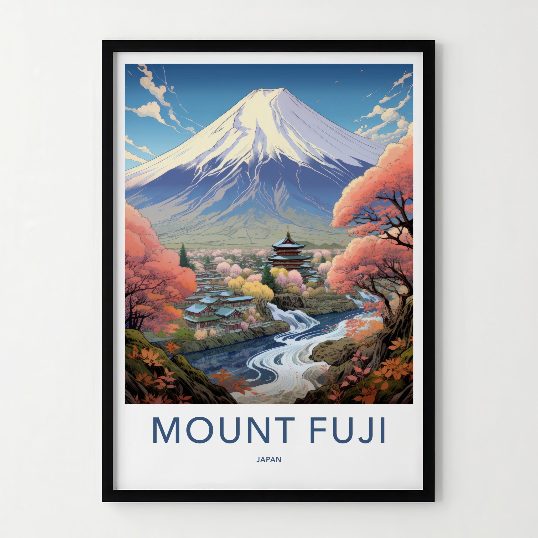 Mount Fuji Poster - Japan Travel Art - Temple River View Wall Decor