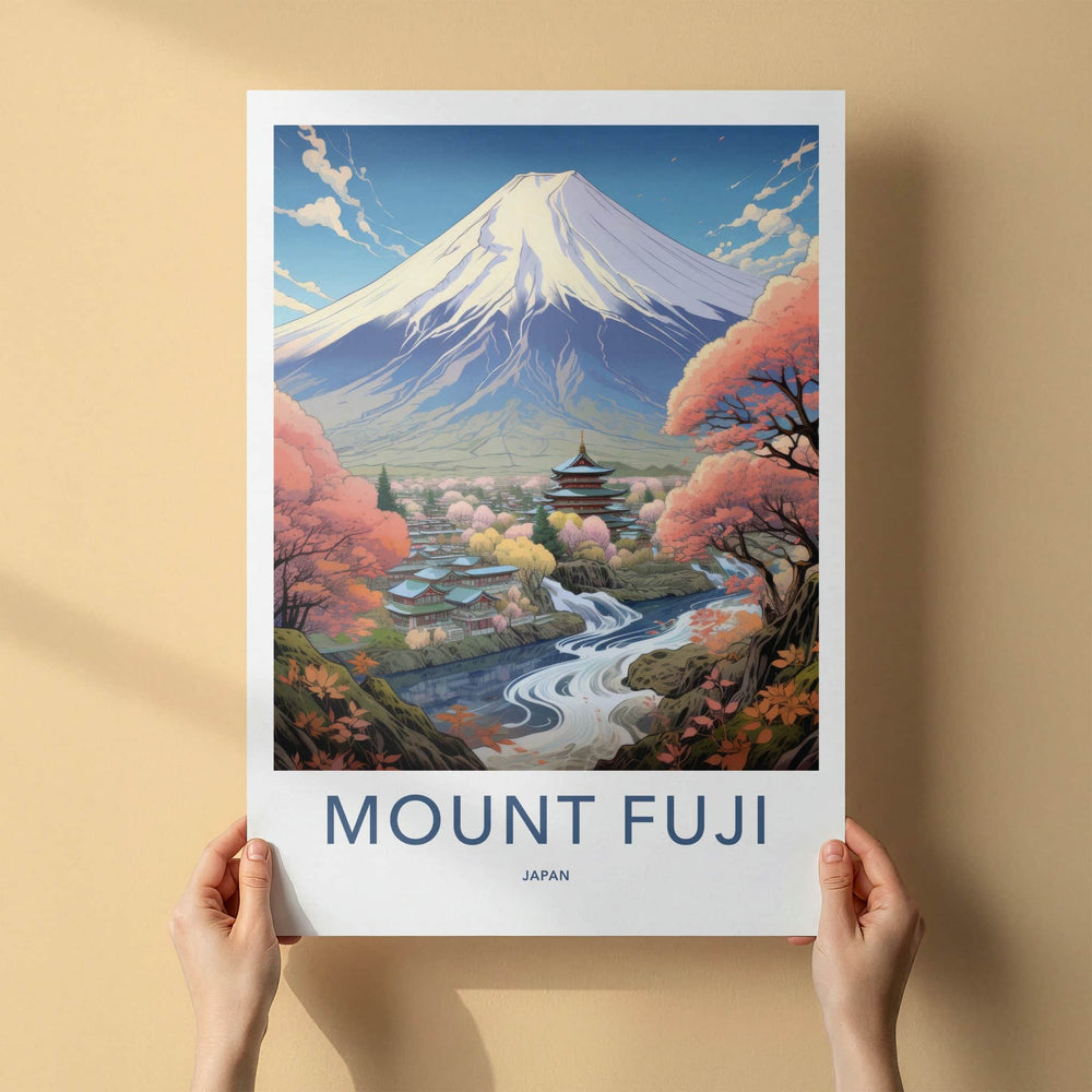 Mount Fuji Poster - Japan Travel Art - Temple River View Wall Decor