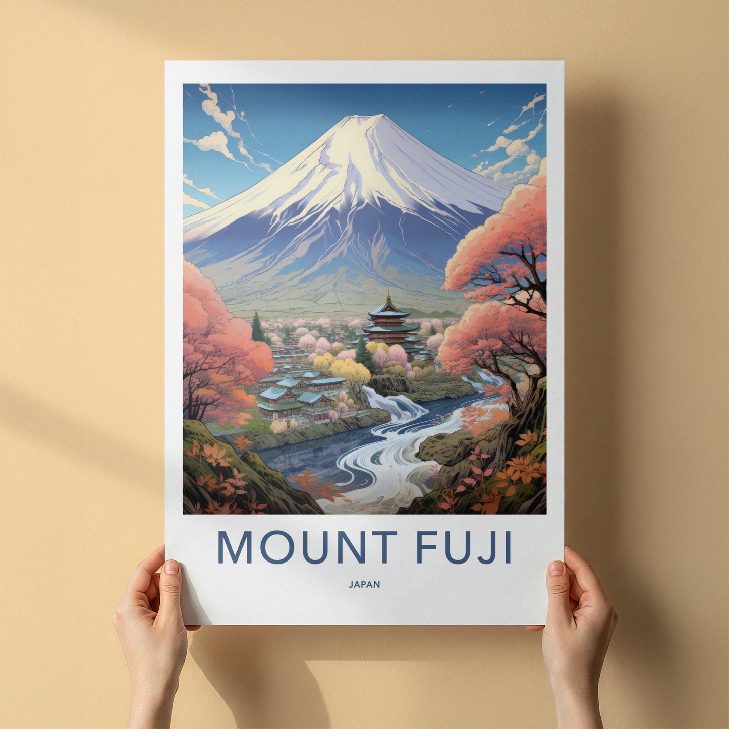 Mount Fuji Poster - Japan Travel Art - Temple River View Wall Decor