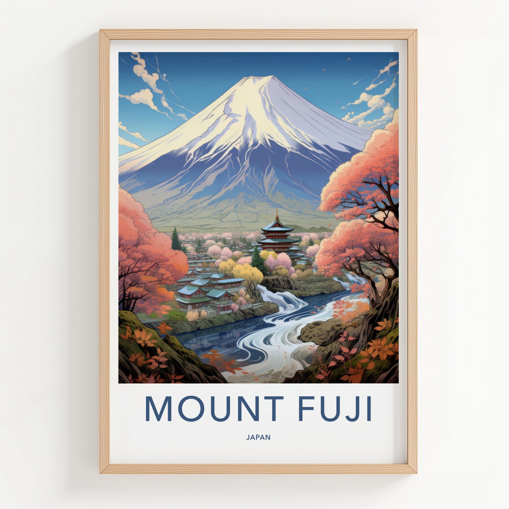 Mount Fuji Poster - Japan Travel Art - Temple River View Wall Decor