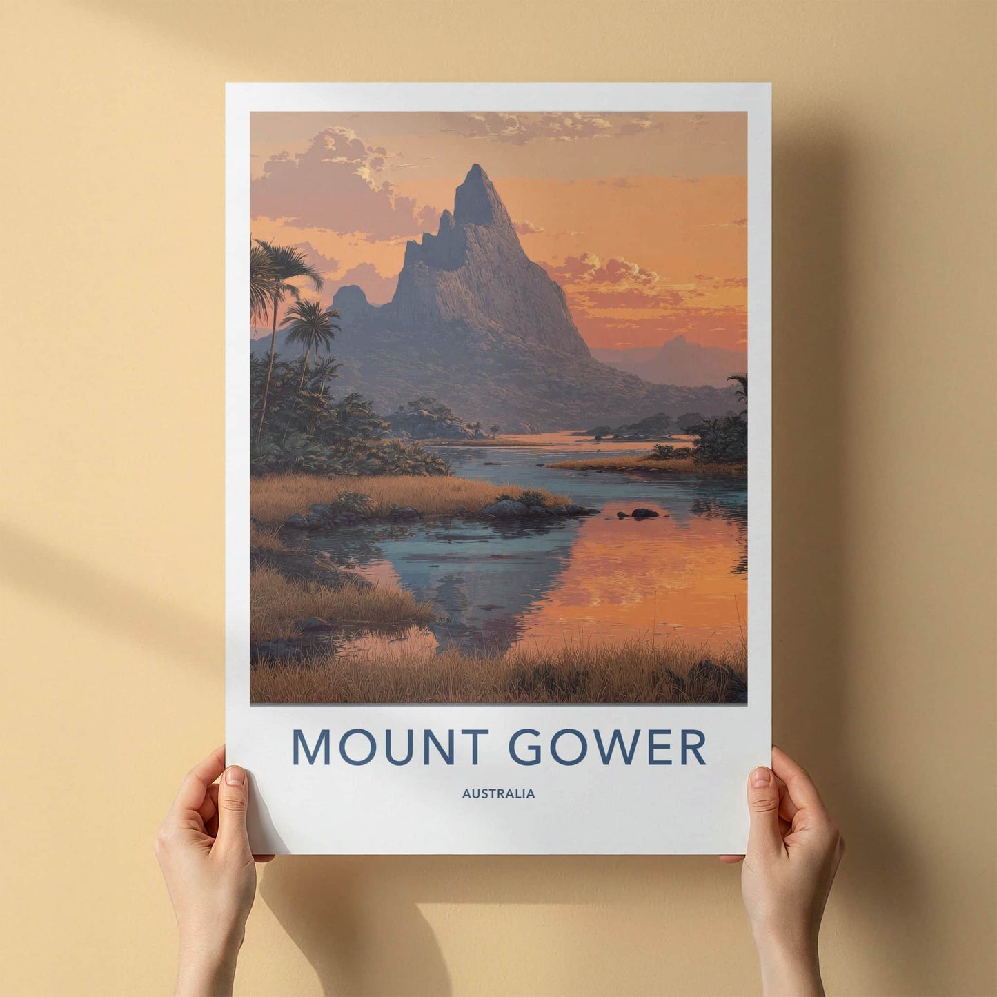 Mount Gower Poster - Australia Travel Art - Orange Sunset Reflection Home Decor