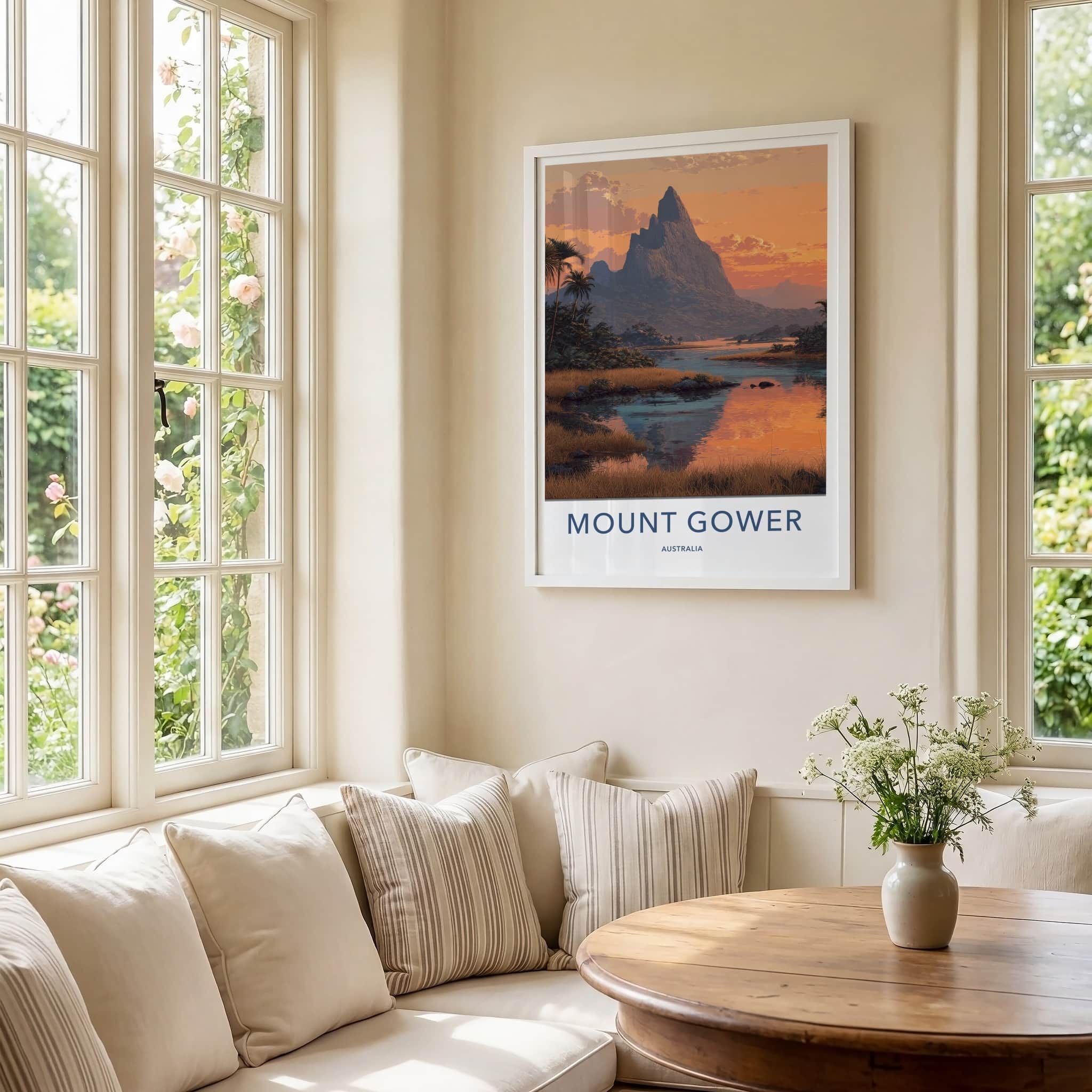 Mount Gower Poster - Australia Travel Art - Orange Sunset Reflection Home Decor