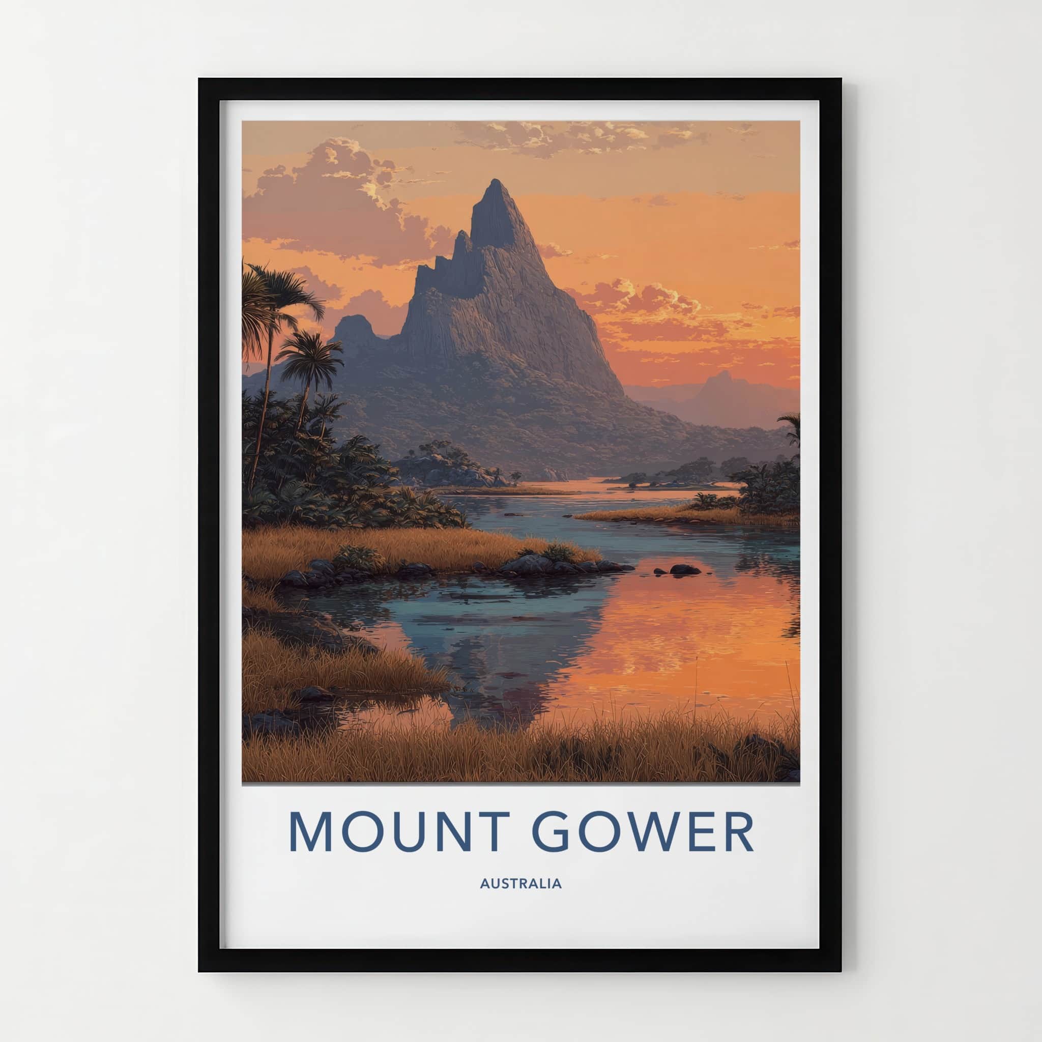 Mount Gower Poster - Australia Travel Art - Orange Sunset Reflection Home Decor