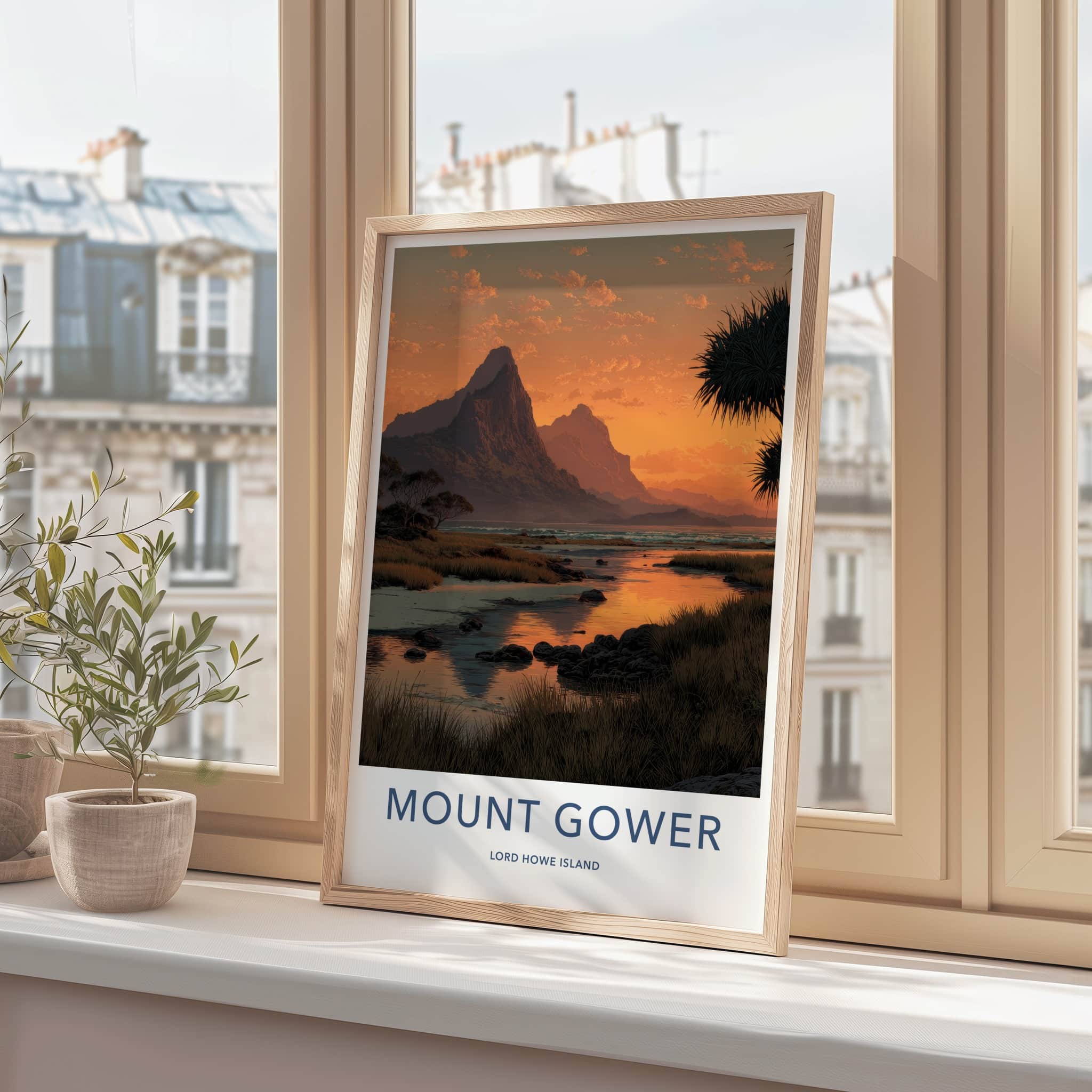 Mount Gower Poster - Australia Travel Art - Reflecting Orange Sky Home Decor