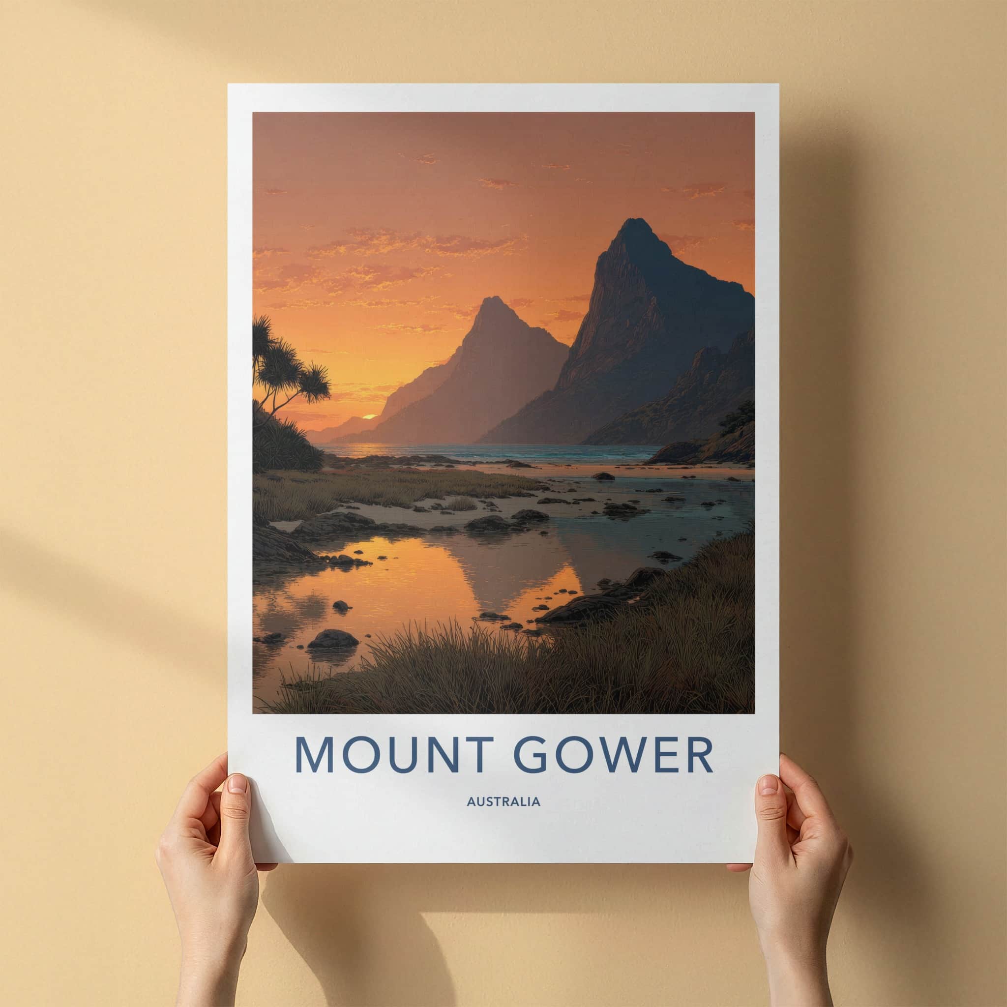 Mount Gower Poster - Australia Travel Art - Sunset Mountain Reflection Home Decor