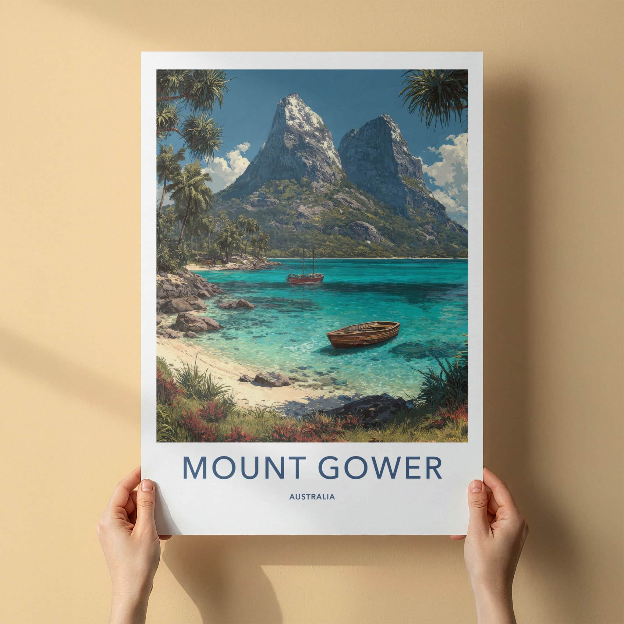 Mount Gower Poster - Australia Travel Art - Tropical Beach Boats Home Decor