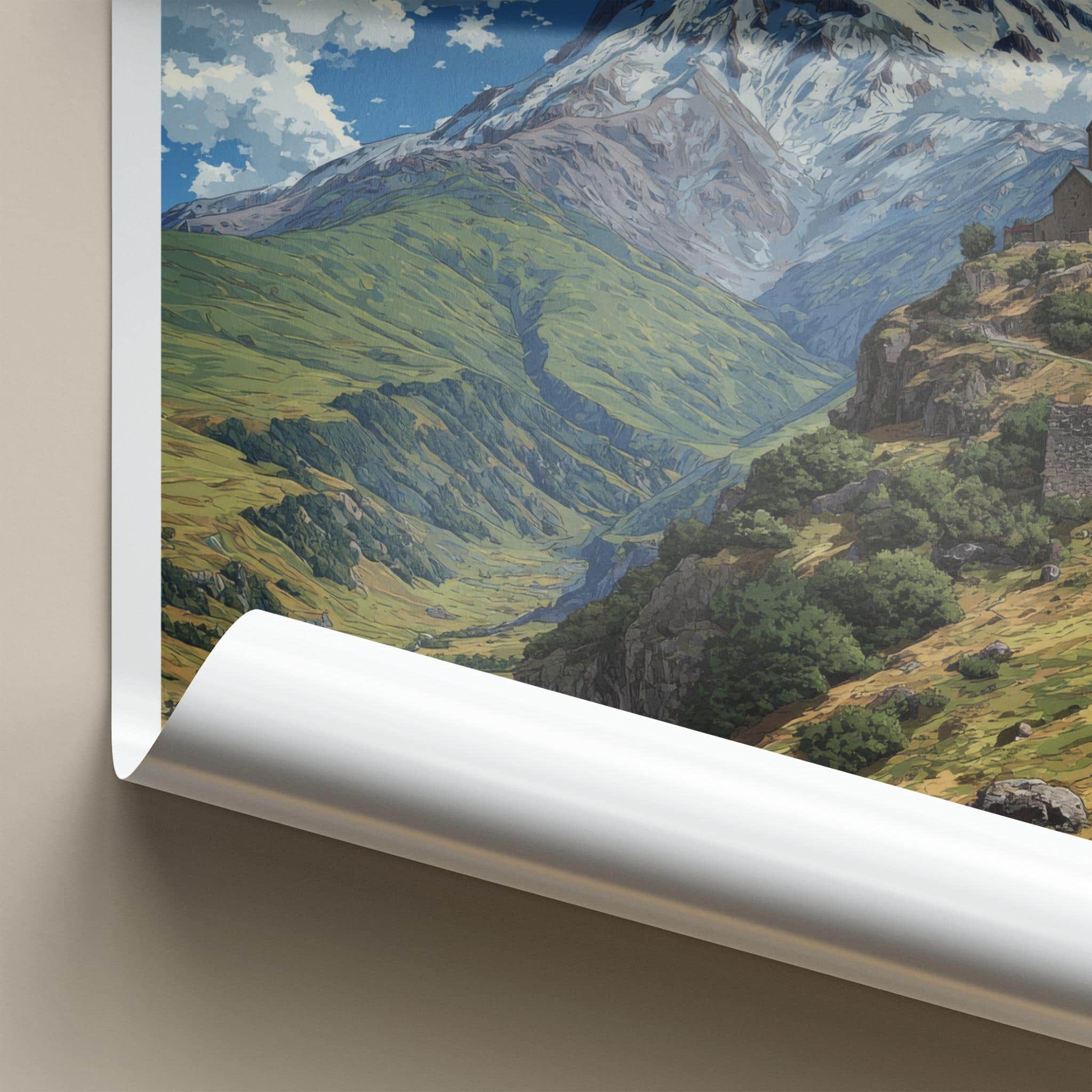 Mount Kazbegi Poster - Georgia Travel Art - Historic Monastery Mountain Wall Decor
