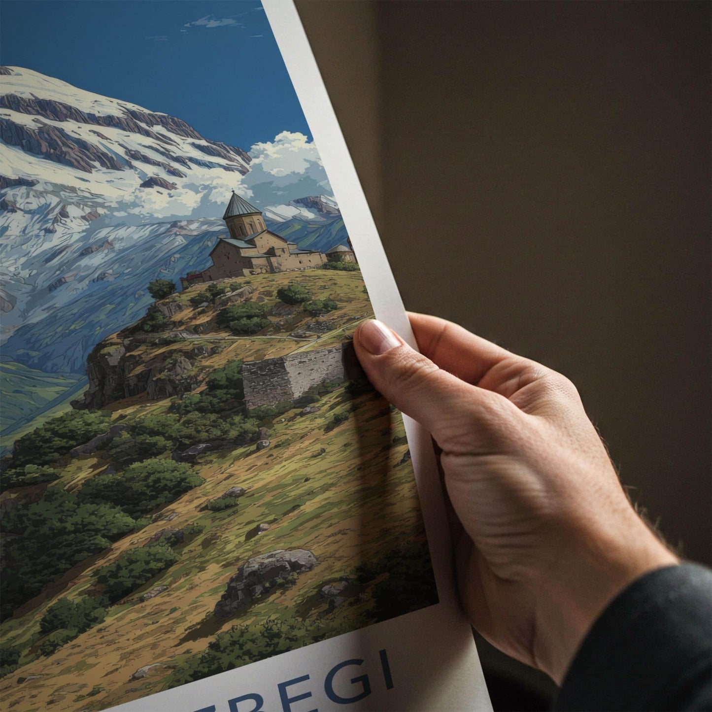 Mount Kazbegi Poster - Georgia Travel Art - Historic Monastery Mountain Wall Decor