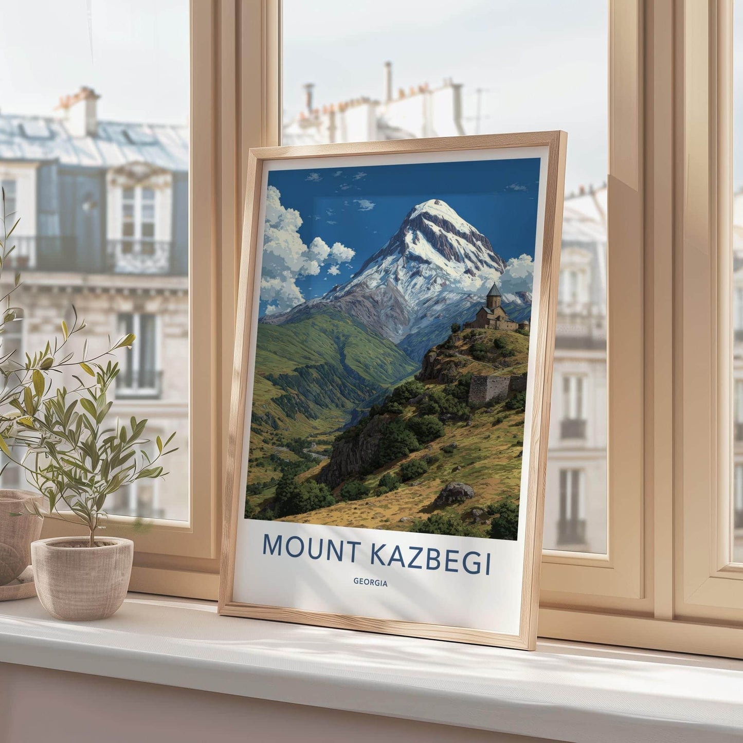 Mount Kazbegi Poster - Georgia Travel Art - Historic Monastery Mountain Wall Decor