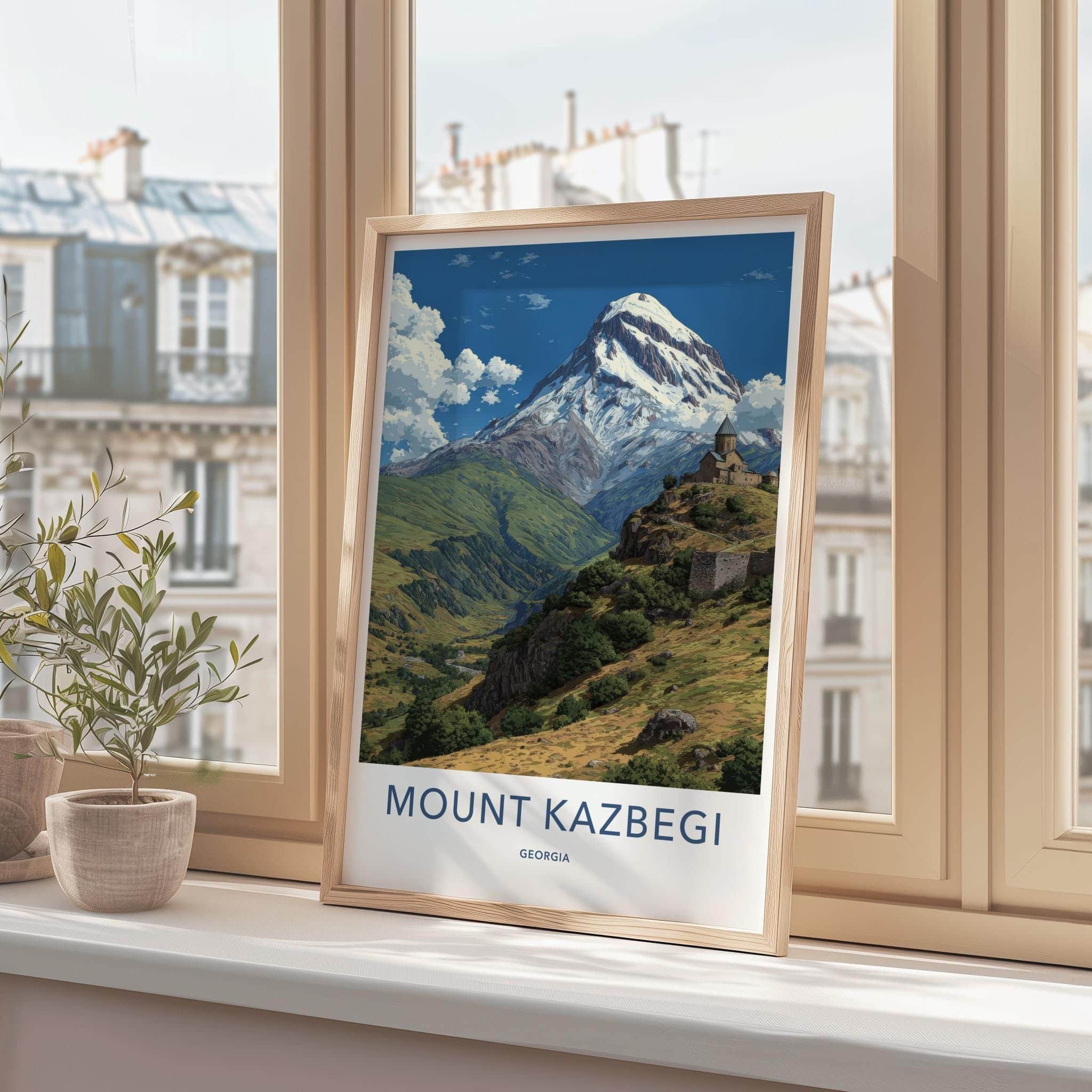 Mount Kazbegi Poster - Georgia Travel Art - Historic Monastery Mountain Wall Decor