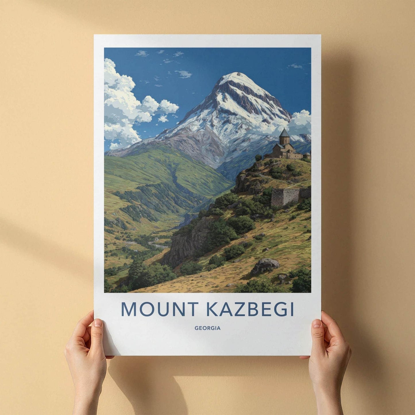 Mount Kazbegi Poster - Georgia Travel Art - Historic Monastery Mountain Wall Decor