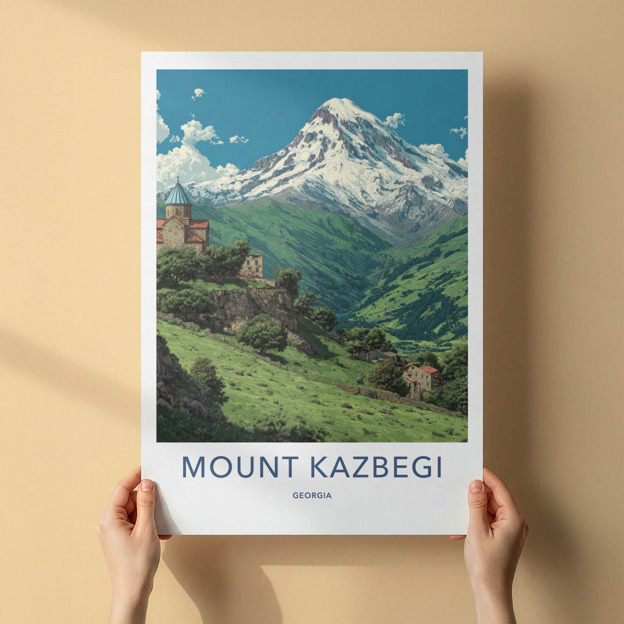 Mount Kazbegi Poster - Georgia Travel Print - Snow Capped Peak Home Decor
