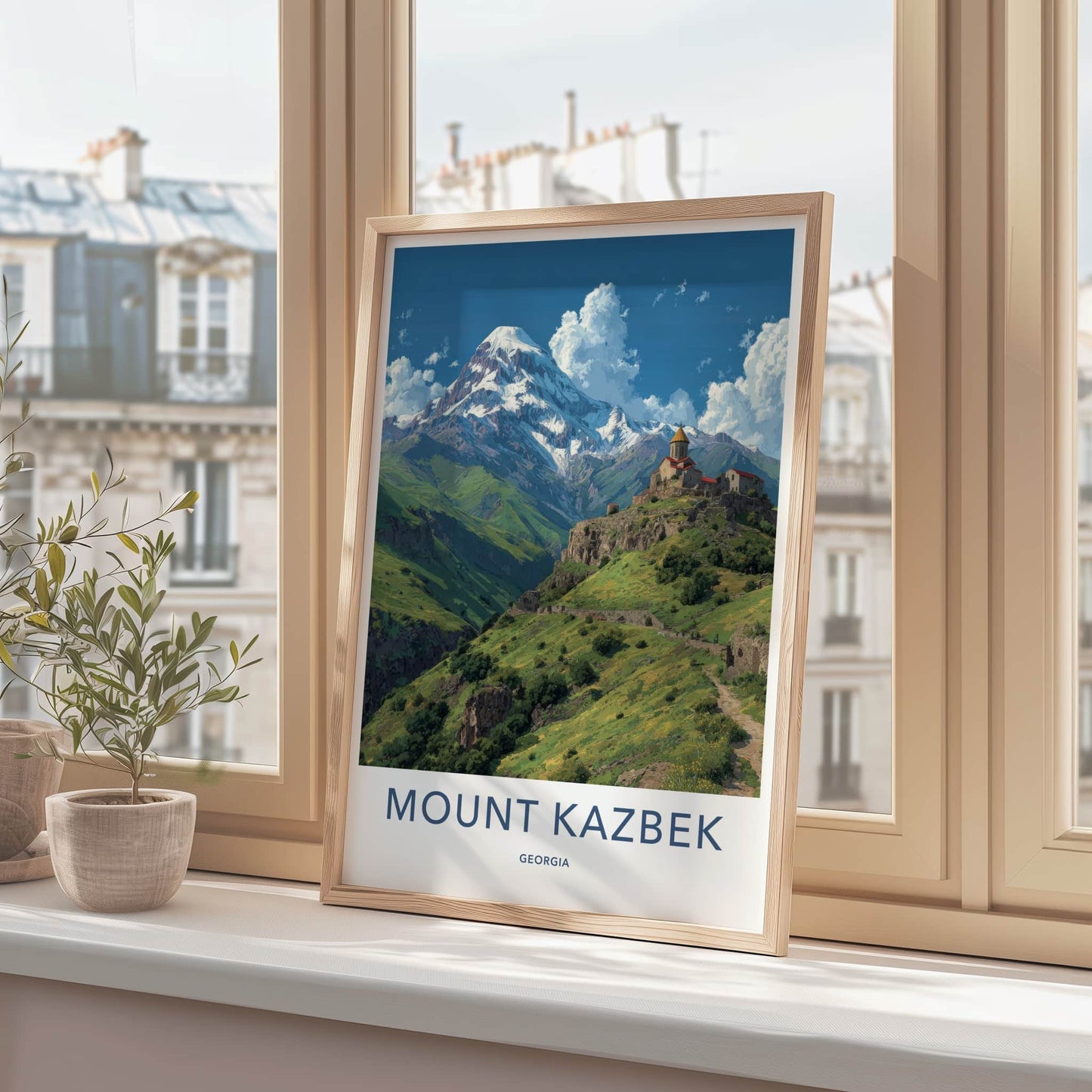 Mount Kazbek Poster - Georgia Travel Art - Snowy Mountain Monastery Wall Decor