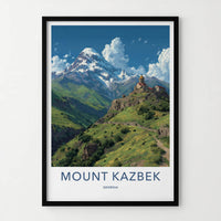 Mount Kazbek Poster - Georgia Travel Art - Snowy Mountain Monastery Wall Decor