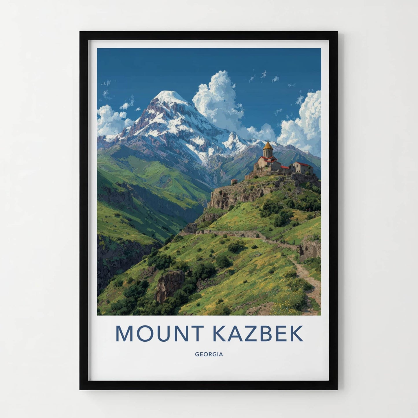 Mount Kazbek Poster - Georgia Travel Art - Snowy Mountain Monastery Wall Decor