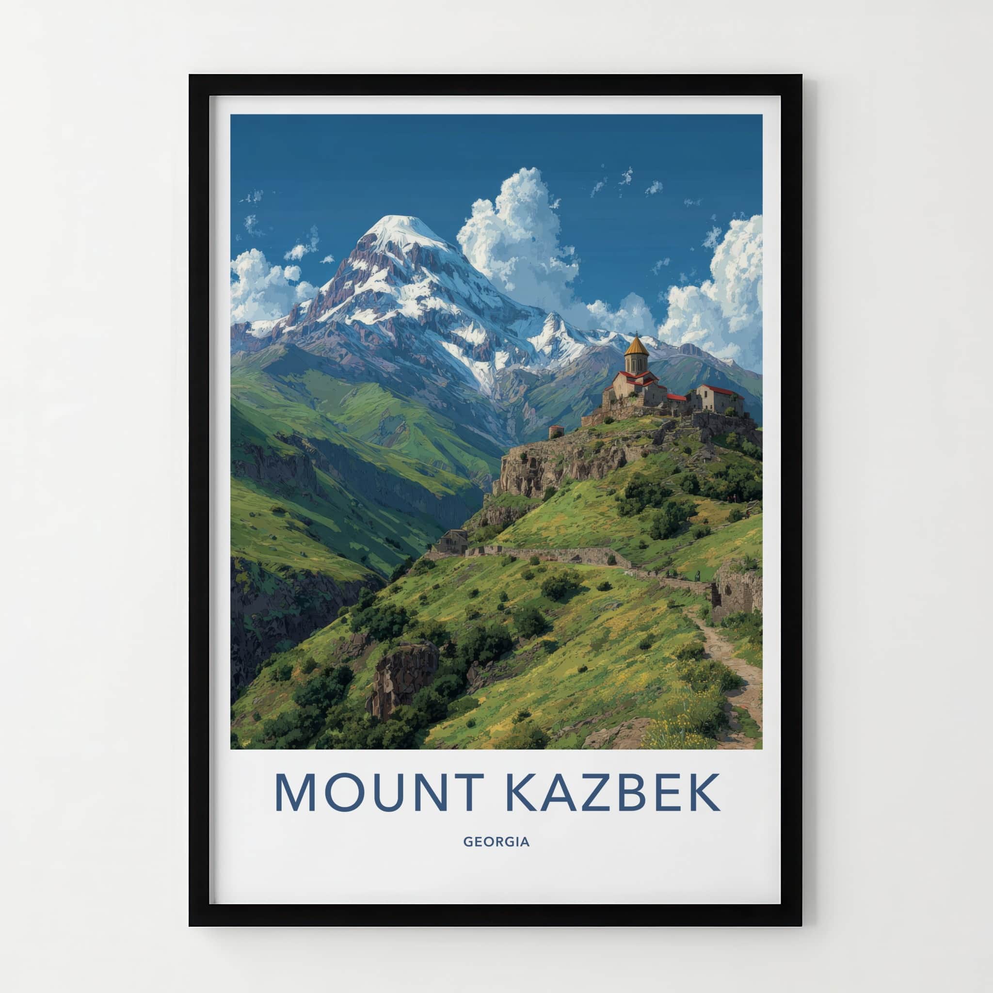 Mount Kazbek Poster - Georgia Travel Art - Snowy Mountain Monastery Wall Decor
