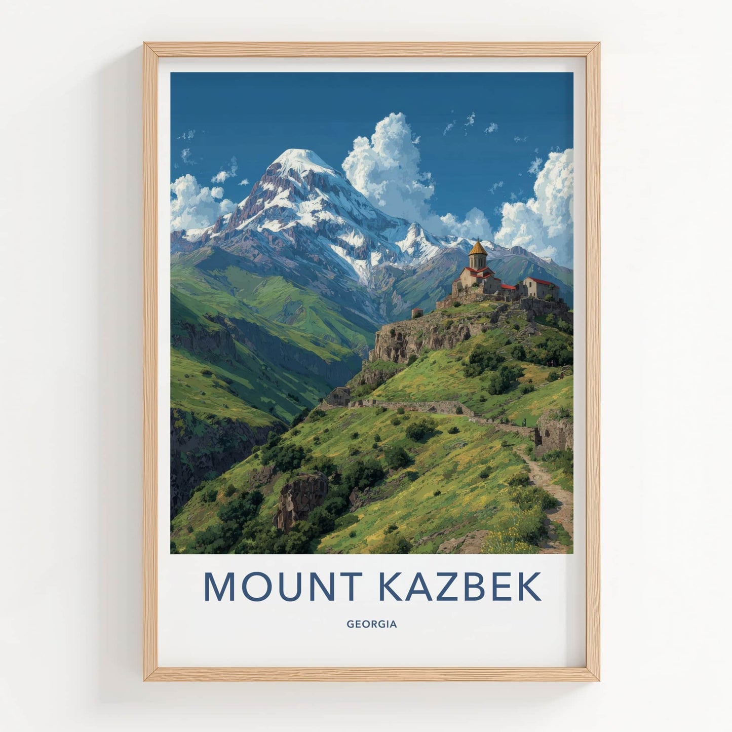 Mount Kazbek Poster - Georgia Travel Art - Snowy Mountain Monastery Wall Decor