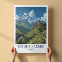 Mount Kazbek Poster - Georgia Travel Art - Snowy Mountain Monastery Wall Decor