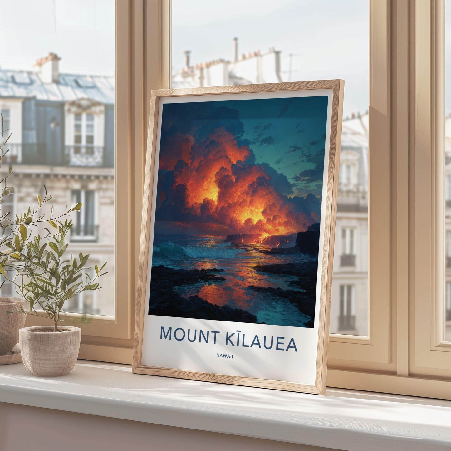 Mount Kilauea Poster - Hawaii Art Print - Lava Flowing Ocean Home Decor