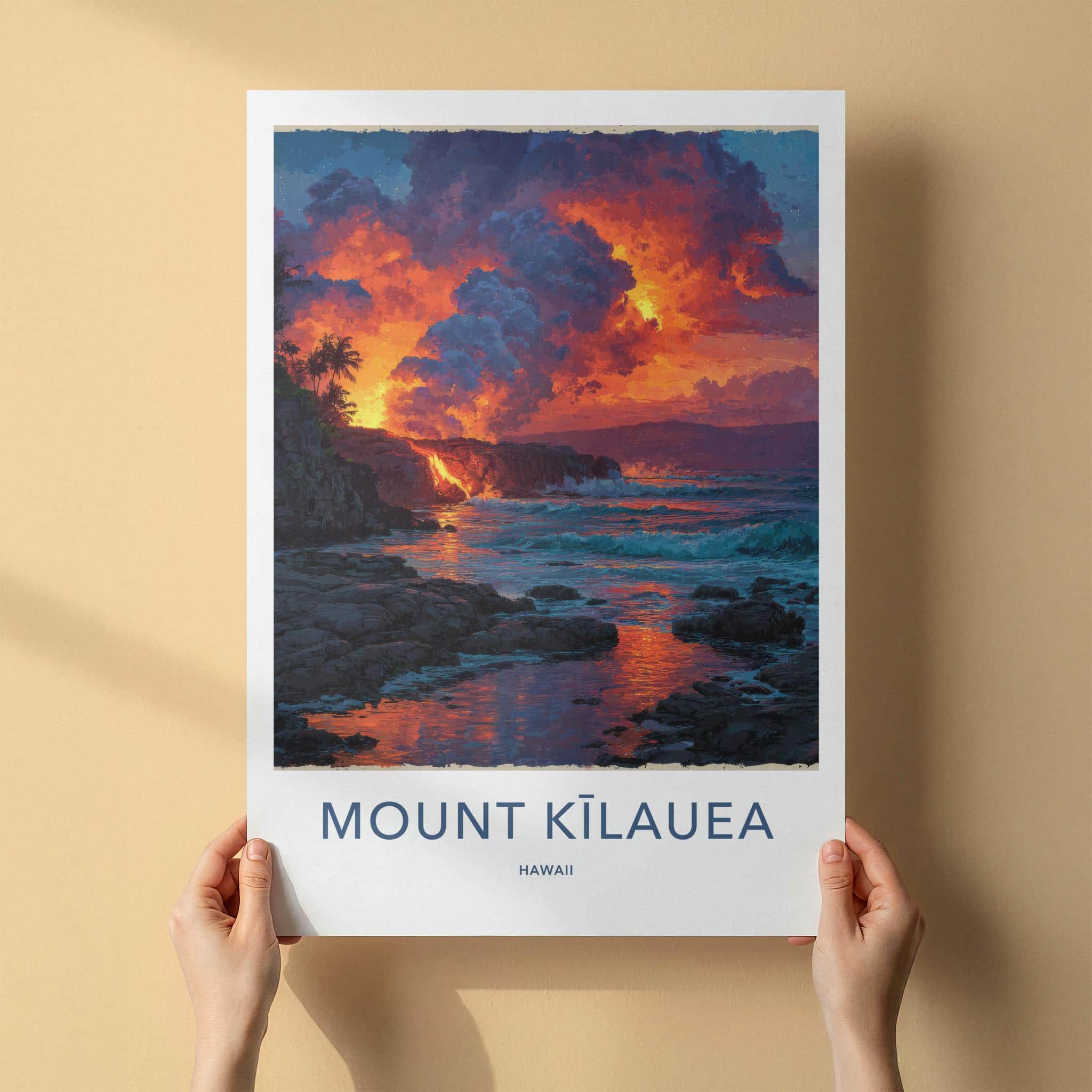 Mount Kilauea Poster - Hawaii Travel Art - Lava Ocean Waves Home Decor