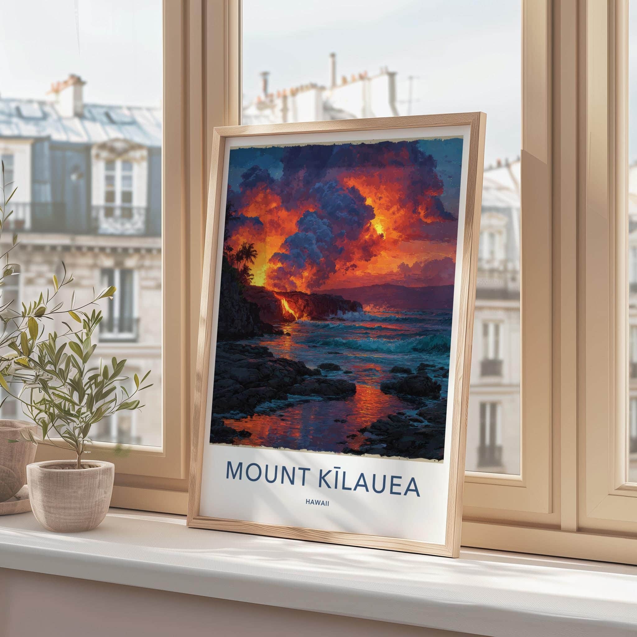 Mount Kilauea Poster - Hawaii Travel Art - Lava Ocean Waves Home Decor