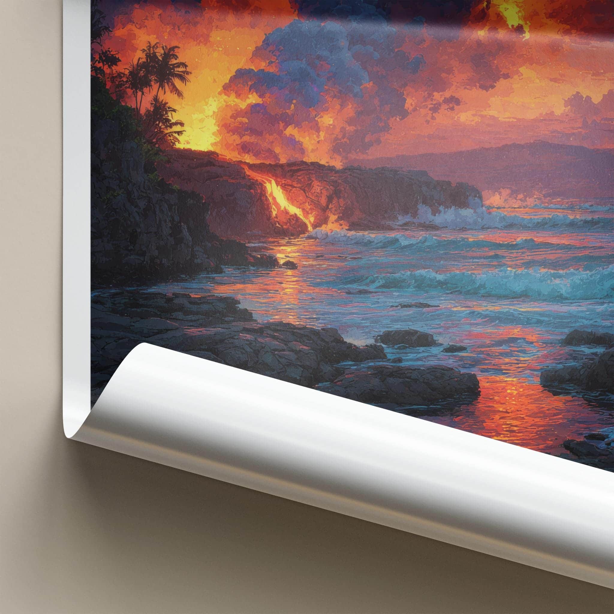 Mount Kilauea Poster - Hawaii Travel Art - Lava Ocean Waves Home Decor